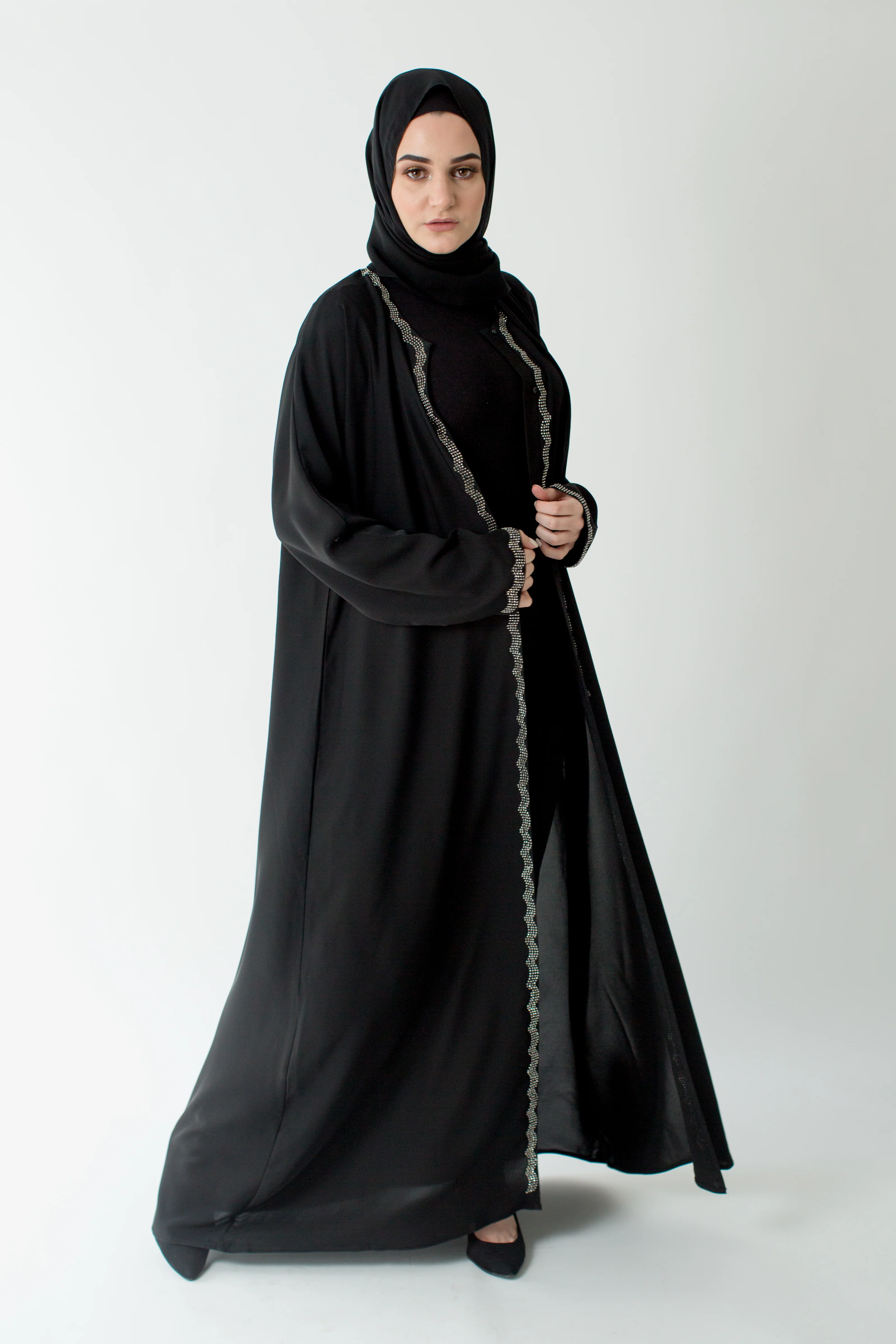 Black Open Abaya – Silver Diamante Border Design - Image 3