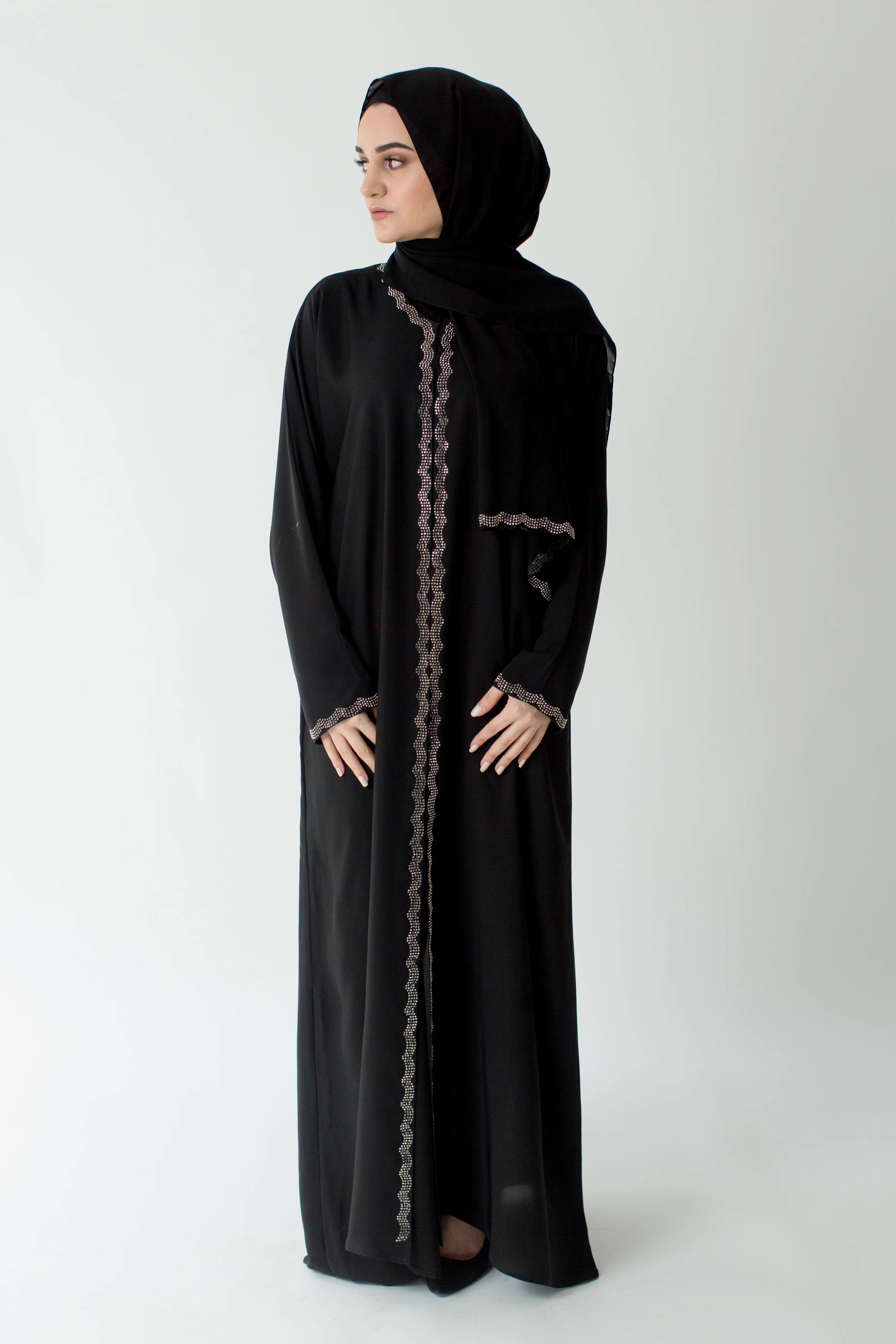 Black Open Abaya – Silver Diamante Border Design - Image 4