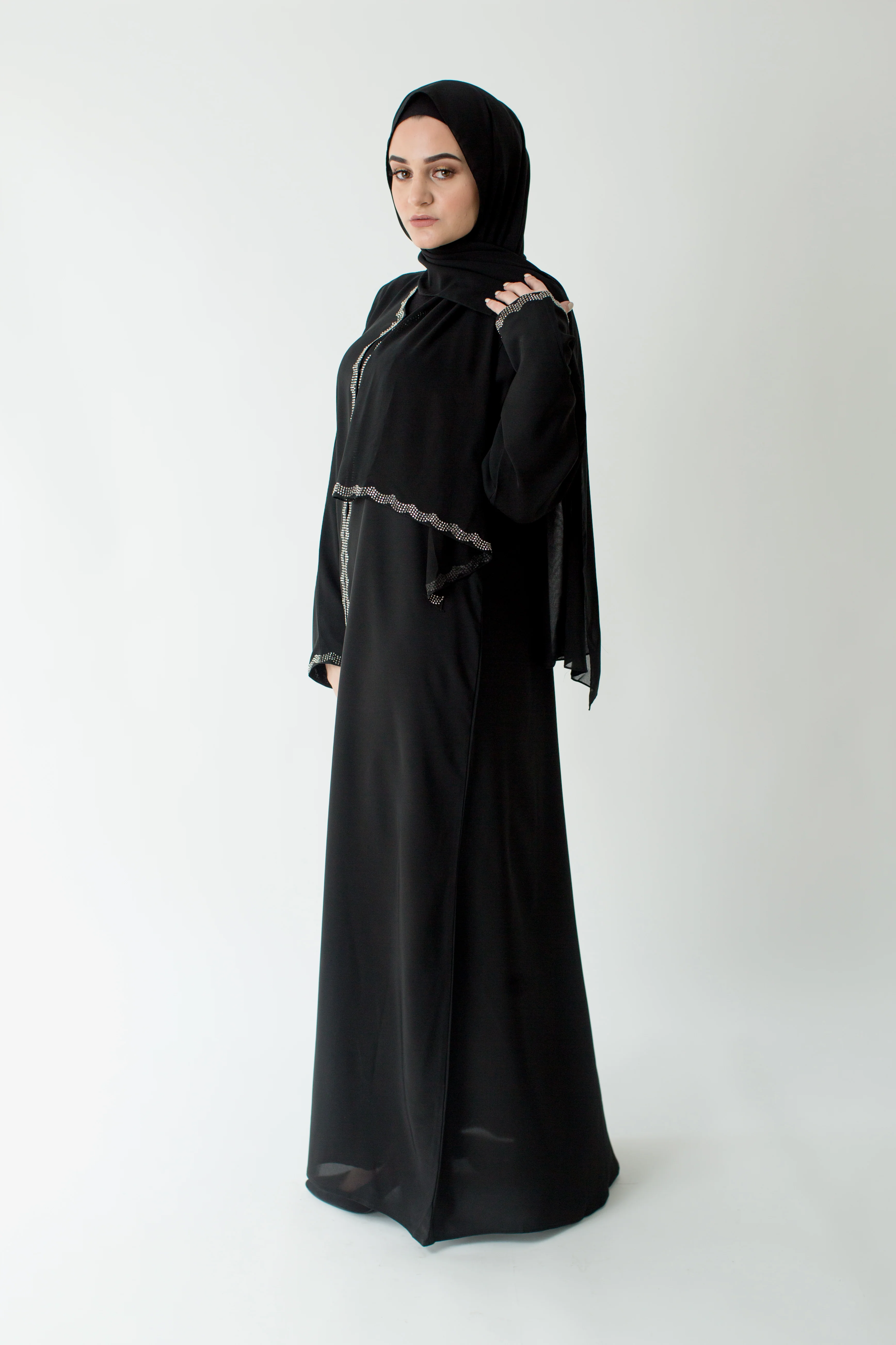 Black Open Abaya – Silver Diamante Border Design - Image 5