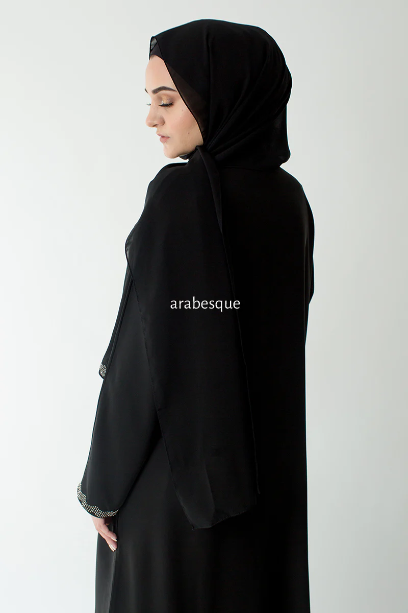Black Open Abaya – Silver Diamante Border Design - Image 6