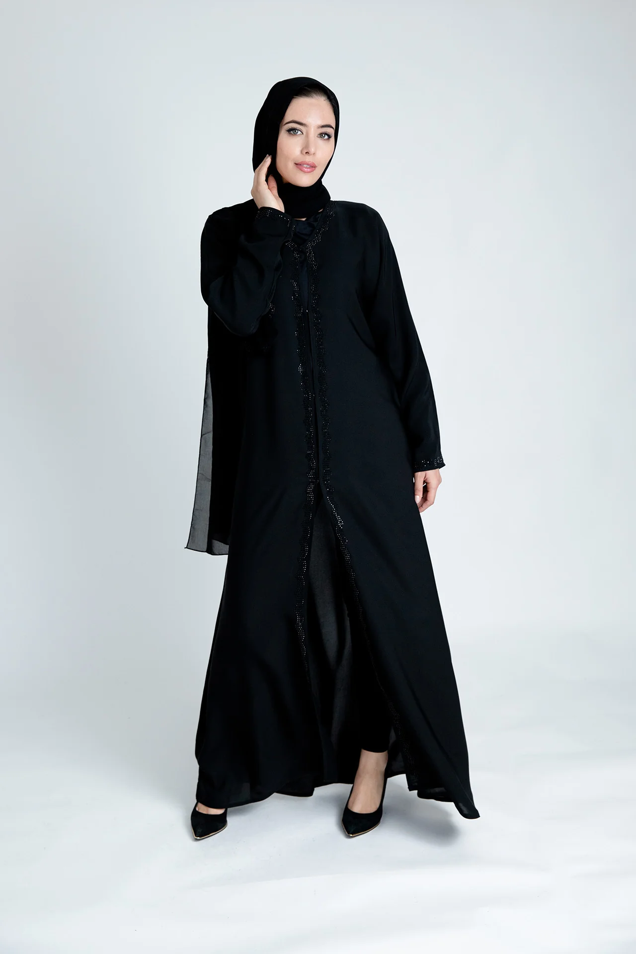 Black Open Abaya – Black Diamante Border Design - Image 3