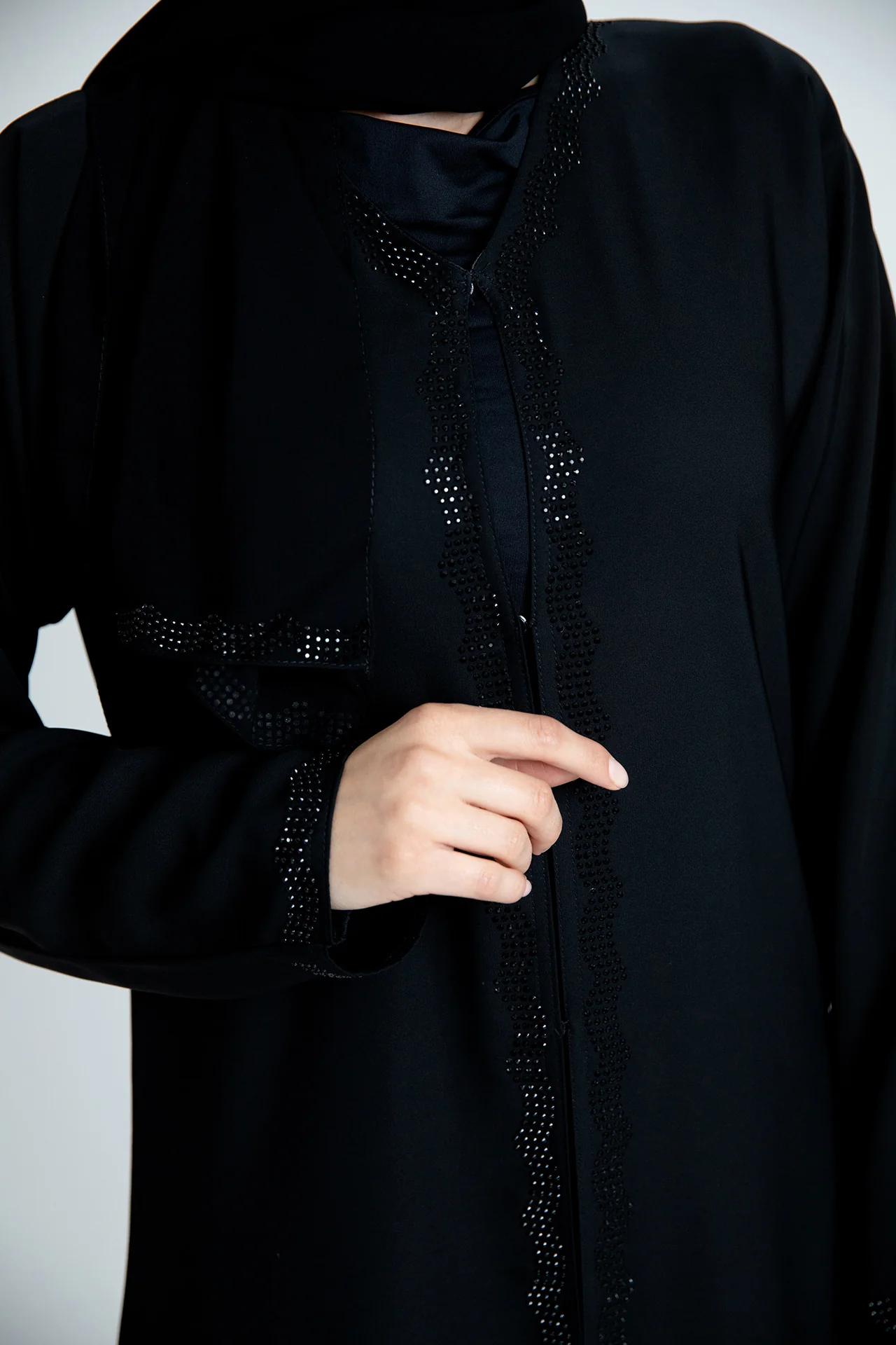 Black Open Abaya – Black Diamante Border Design - Image 4