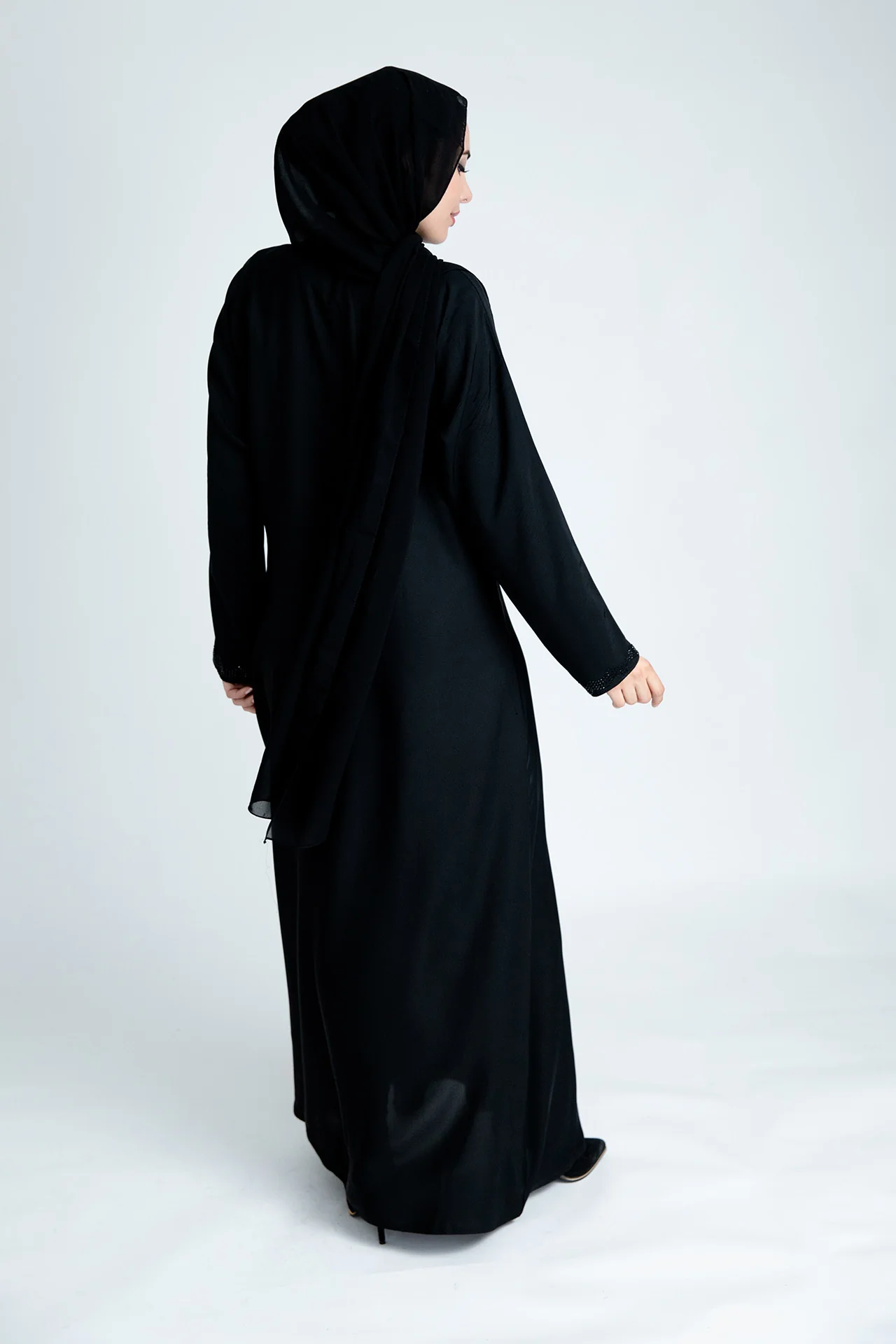 Black Open Abaya – Black Diamante Border Design - Image 5