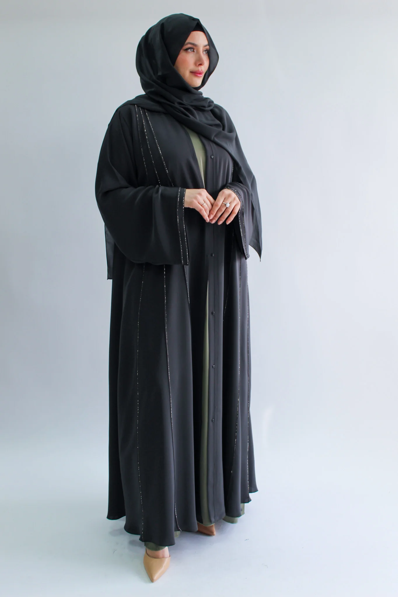 Forest Green Open Abaya - Subtle Diamante Stripes And Stitching - Image 3