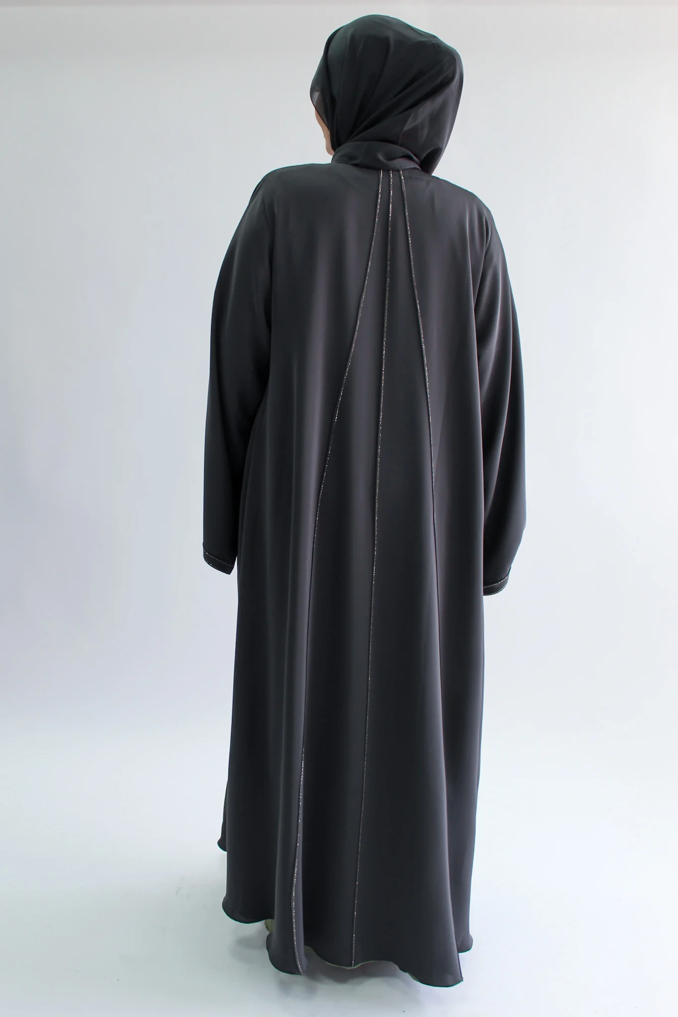 Forest Green Open Abaya - Subtle Diamante Stripes And Stitching - Image 4
