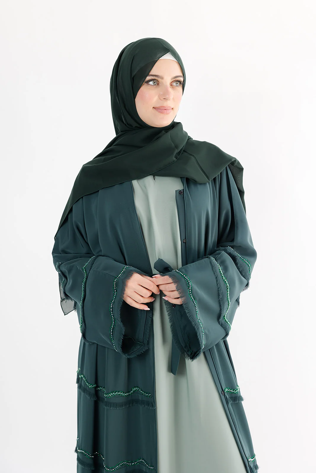 Green Open Abaya – Luxury Layered Design with Tassel & Beaded Detailing - Image 3