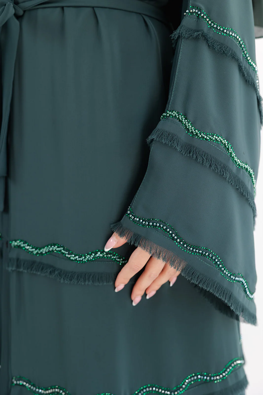 Green Open Abaya – Luxury Layered Design with Tassel & Beaded Detailing - Image 4