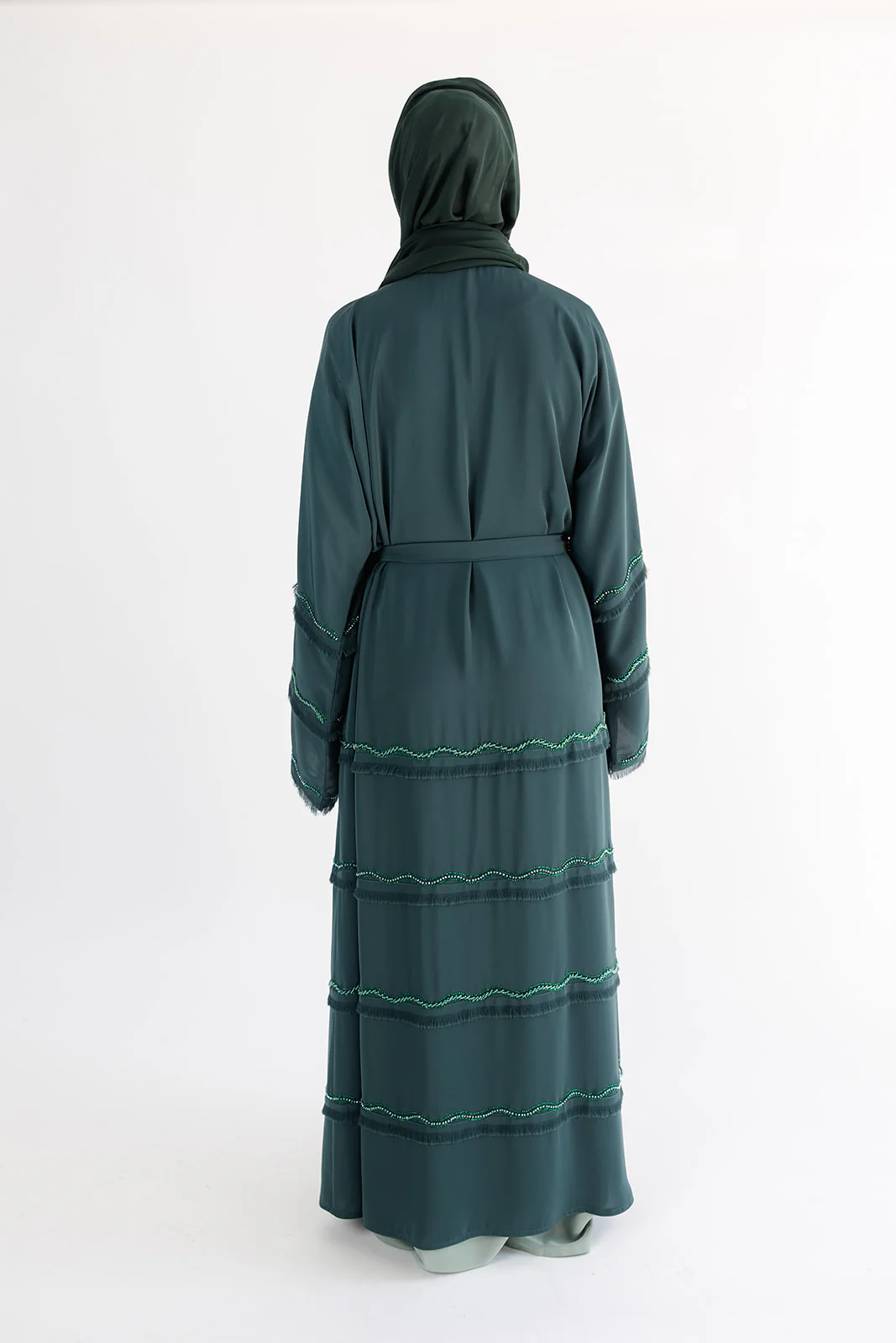 Green Open Abaya – Luxury Layered Design with Tassel & Beaded Detailing - Image 5