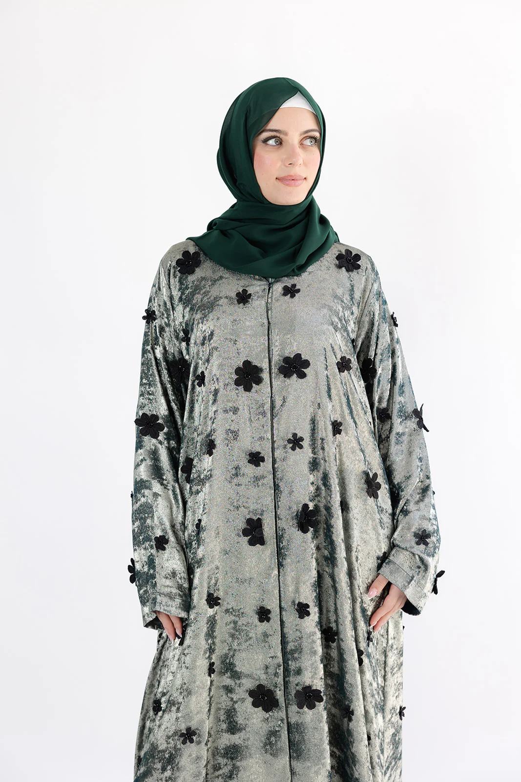 Green Open Abaya – Luxury Shimmer Finish with Black Floral Embellishments - Image 3
