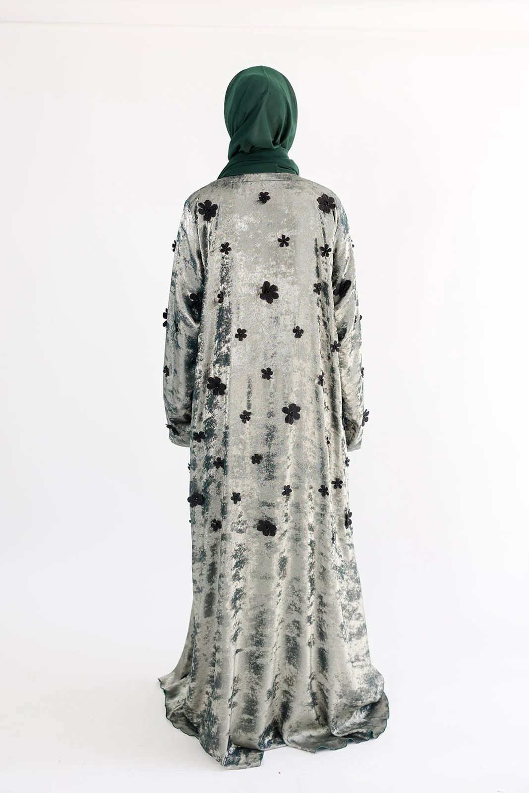 Green Open Abaya – Luxury Shimmer Finish with Black Floral Embellishments - Image 5