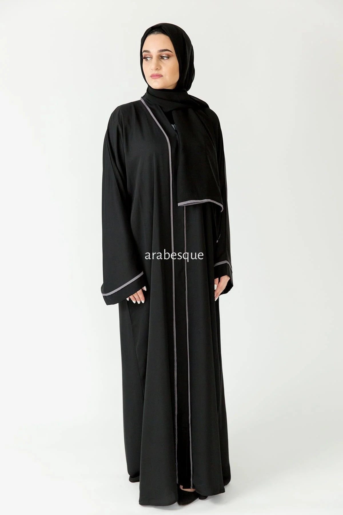 Premium Grey Line Border Open Abaya with Pocket and Matching Scarf - Image 3