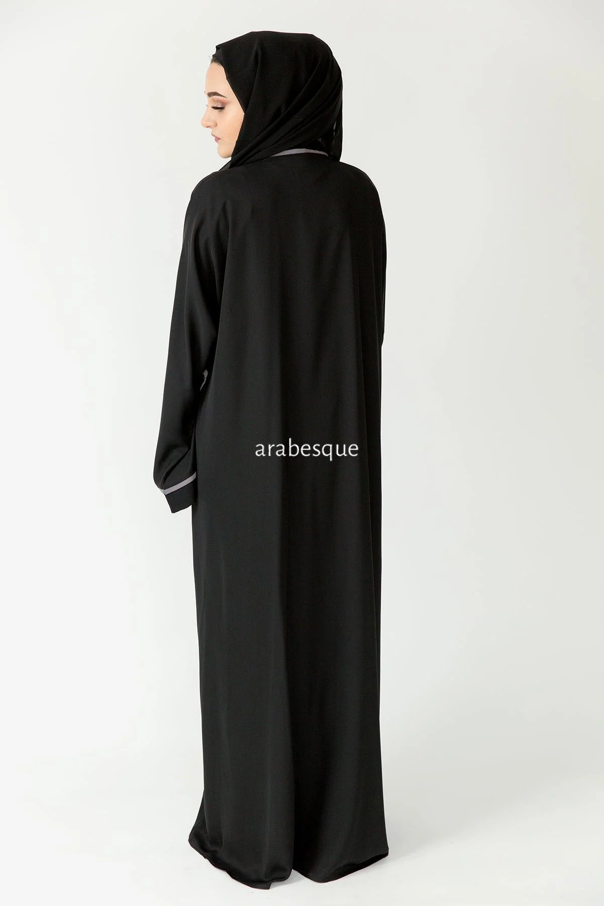 Premium Grey Line Border Open Abaya with Pocket and Matching Scarf - Image 4