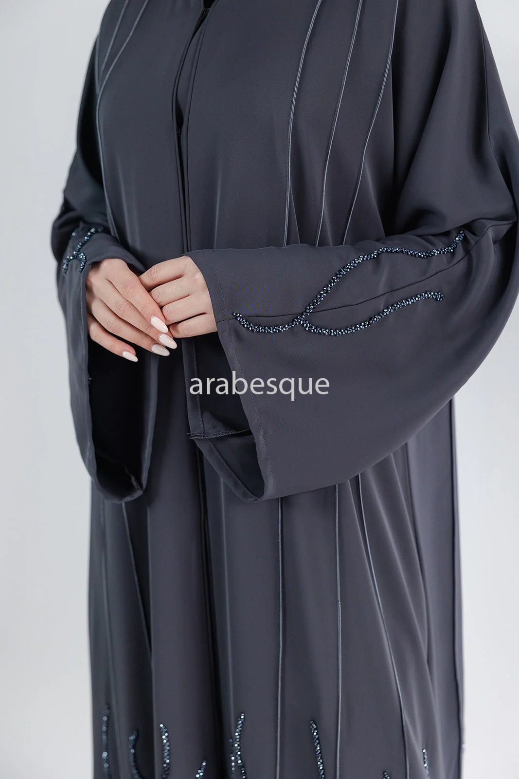 Grey Open Abaya – Luxury Threaded Beadwork Detailing - Image 3