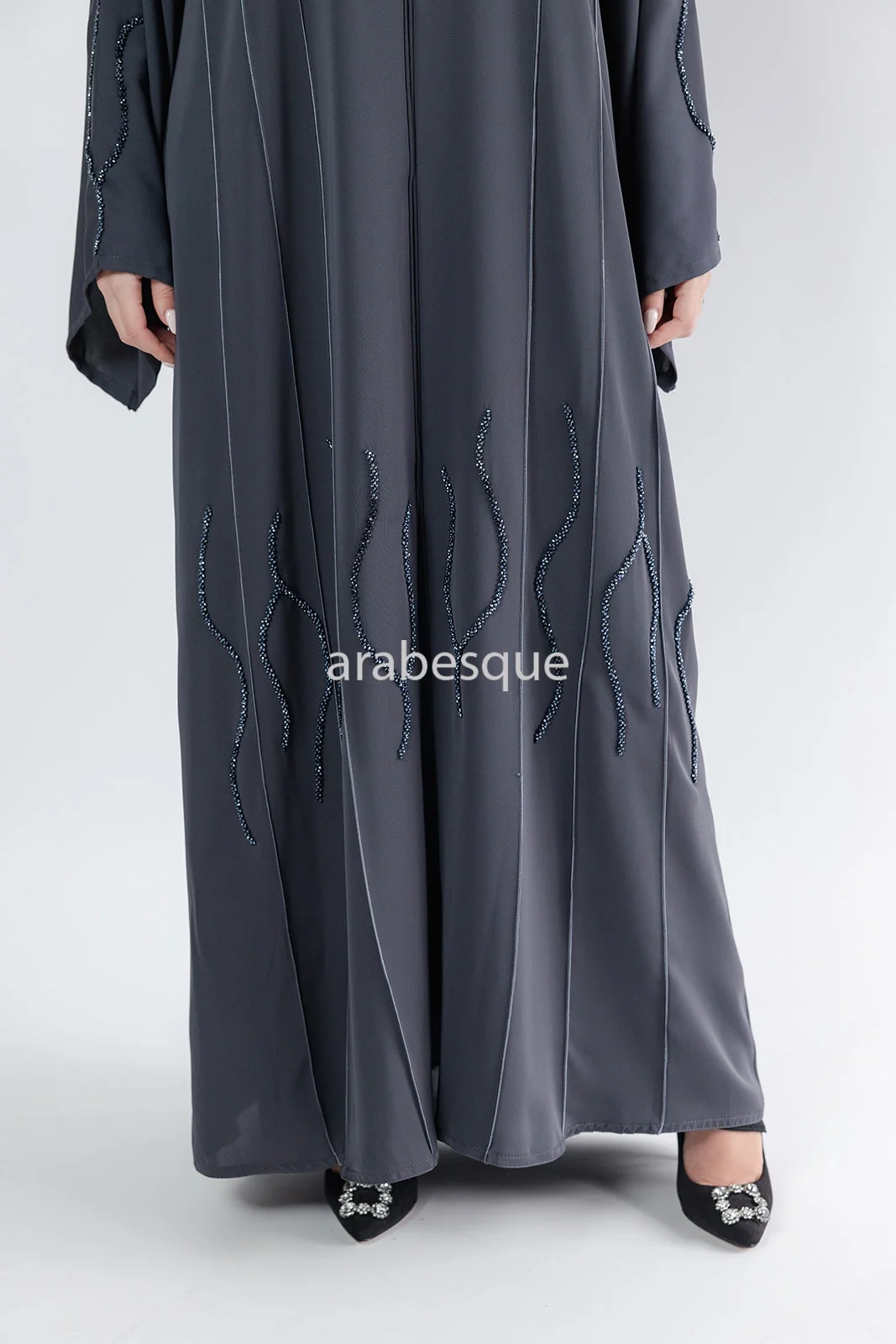 Grey Open Abaya – Luxury Threaded Beadwork Detailing - Image 6
