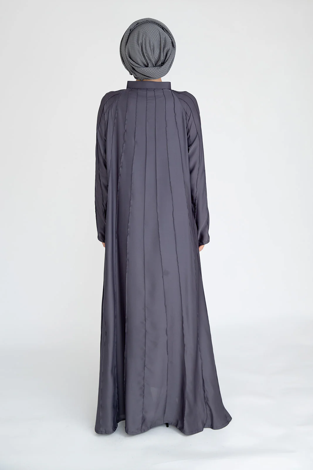 Grey Closed Abaya – Plain Umbrella Cut Design with Stitched Line Detailing - Image 4