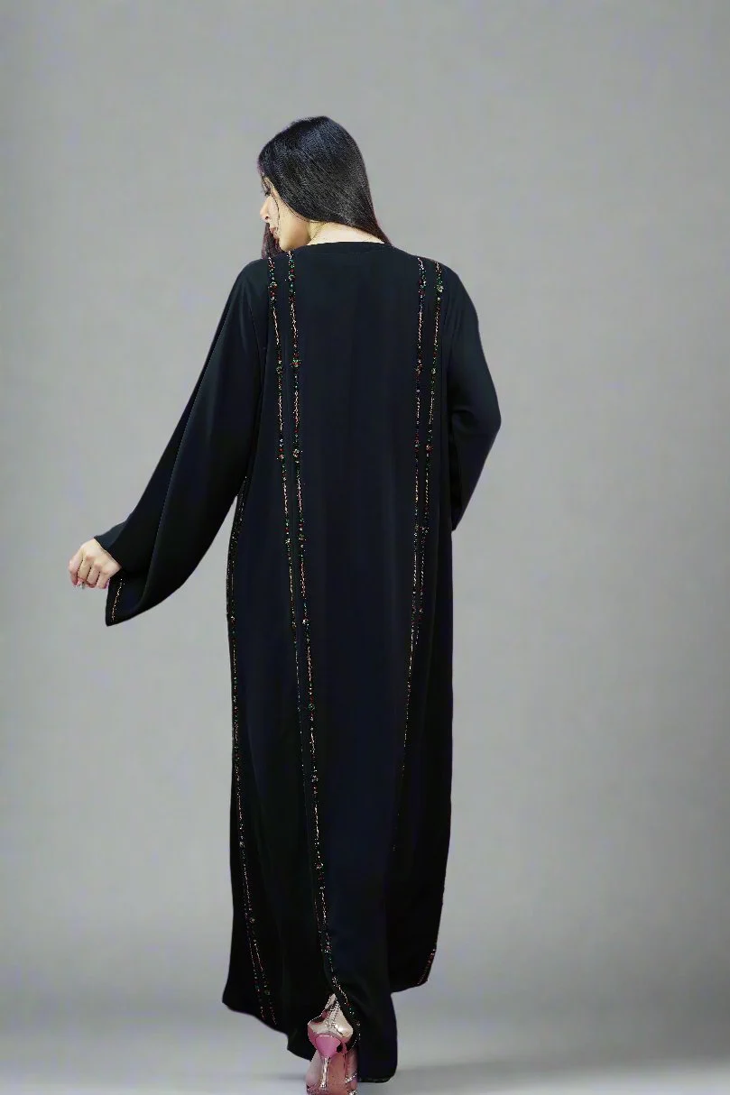 Black Open Abaya – Luxurious Multicolour Beaded Detailing - Image 3