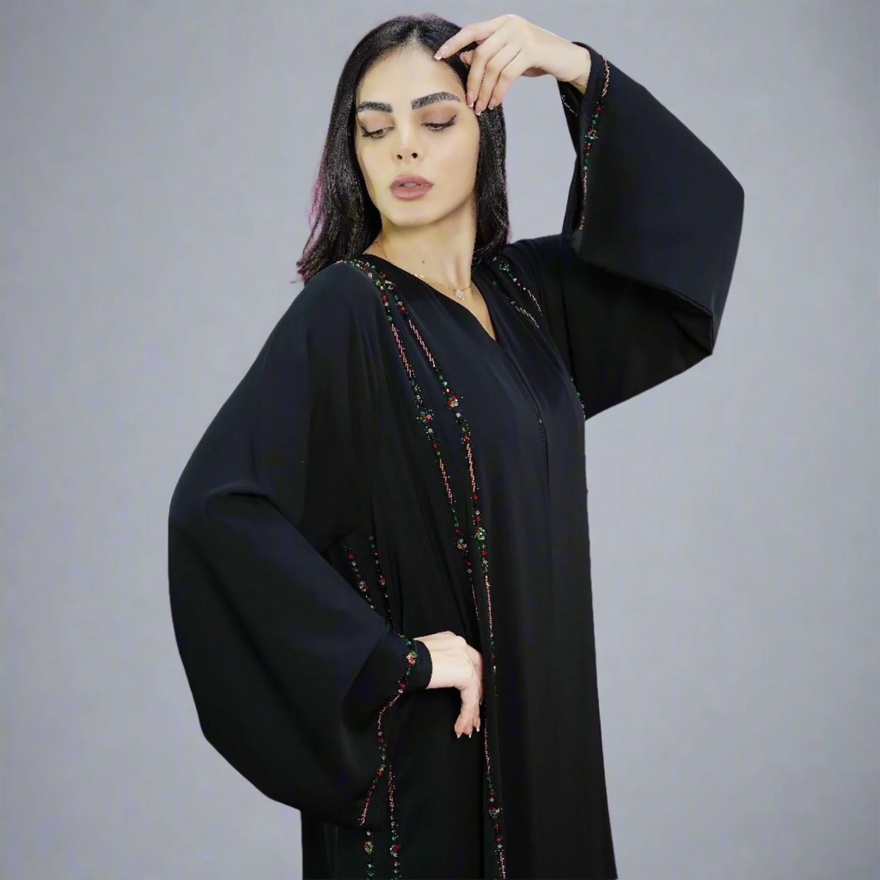 Black Open Abaya – Luxurious Multicolour Beaded Detailing - Image 4