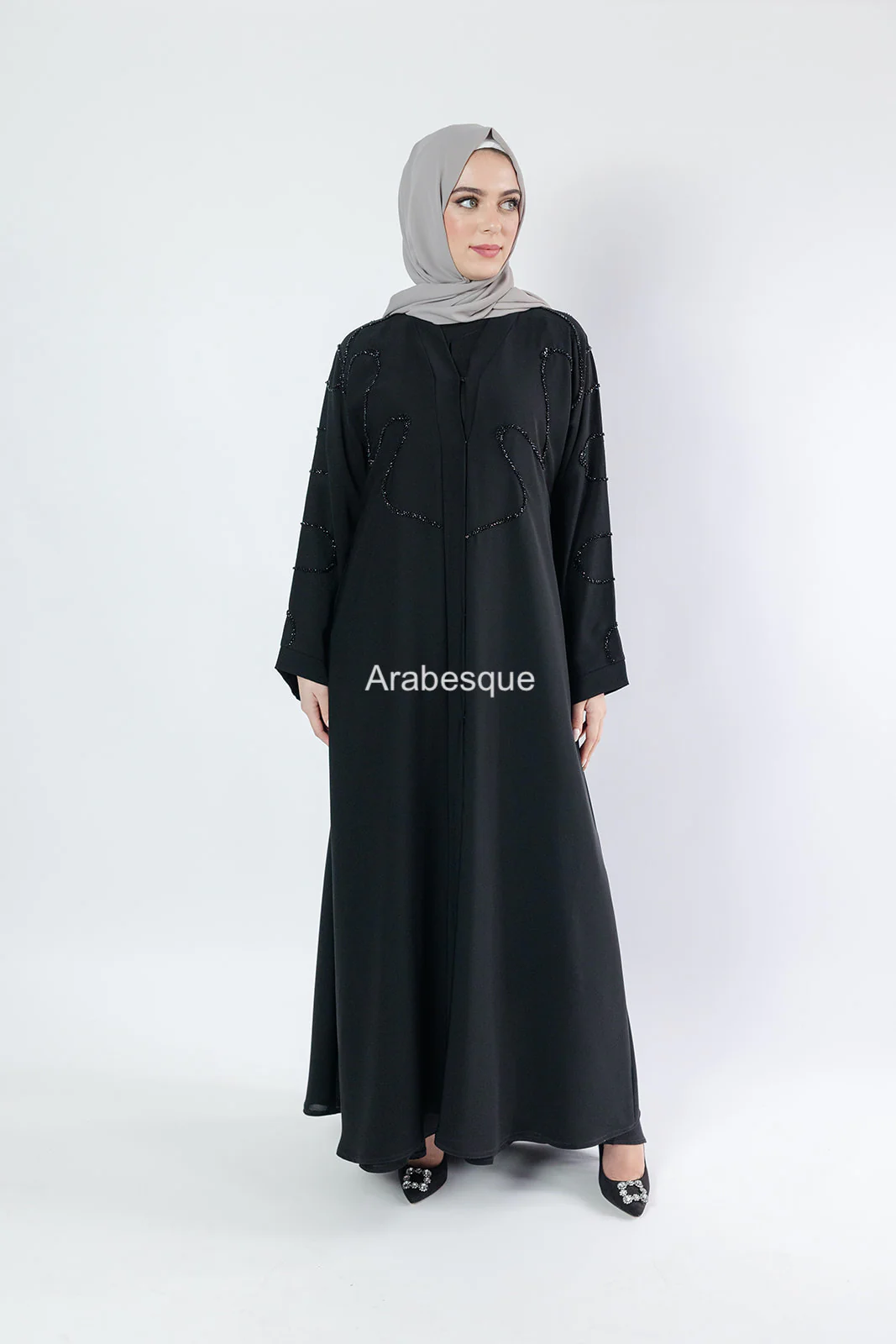 Black Open Abaya – Luxury Front Beaded Design - Image 3