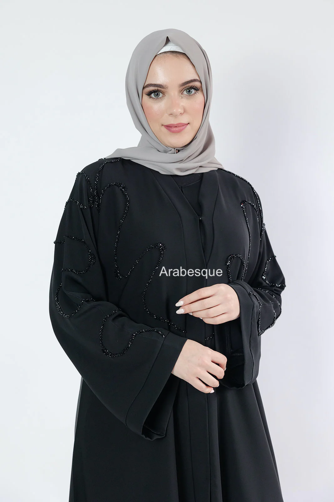Black Open Abaya – Luxury Front Beaded Design - Image 5