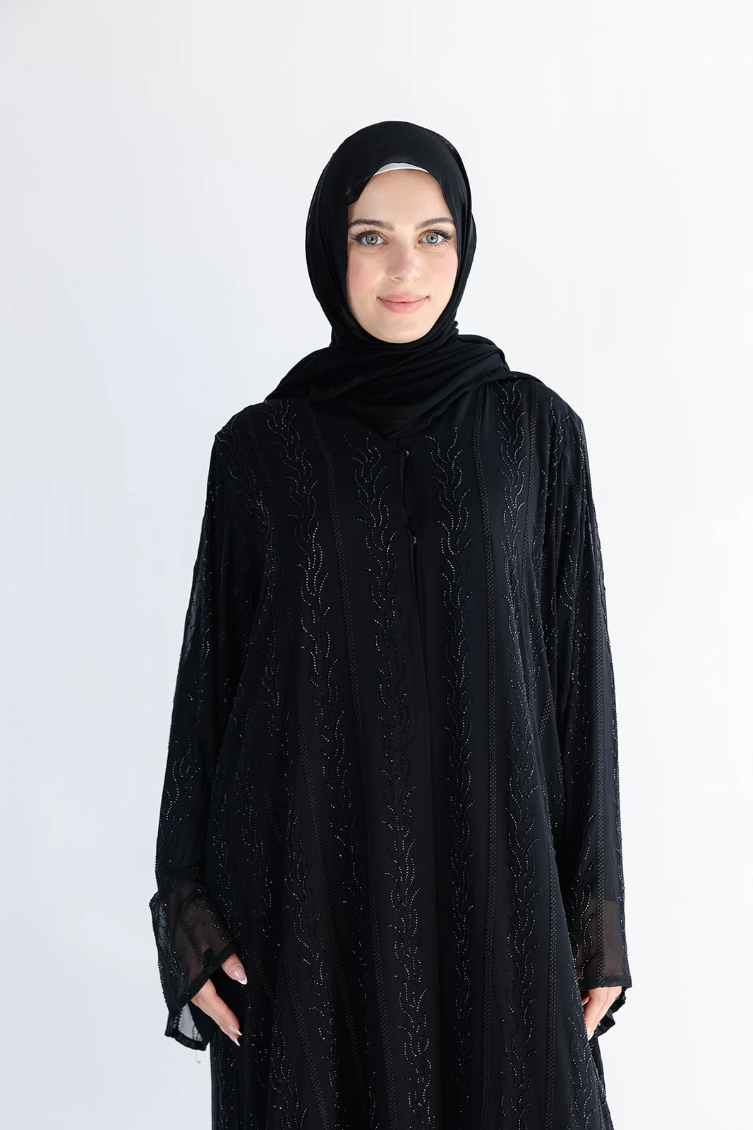 Black Open Abaya – Luxury Chiffon Design with Black Stonework - Image 3