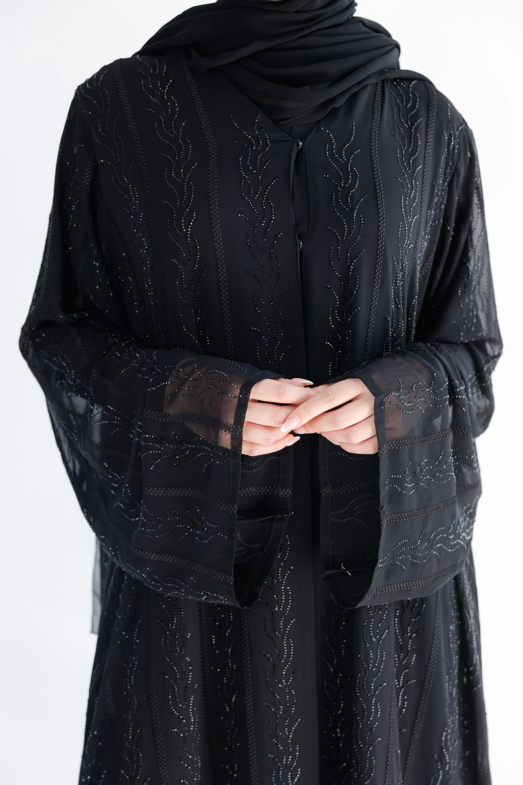 Black Open Abaya – Luxury Chiffon Design with Black Stonework - Image 4