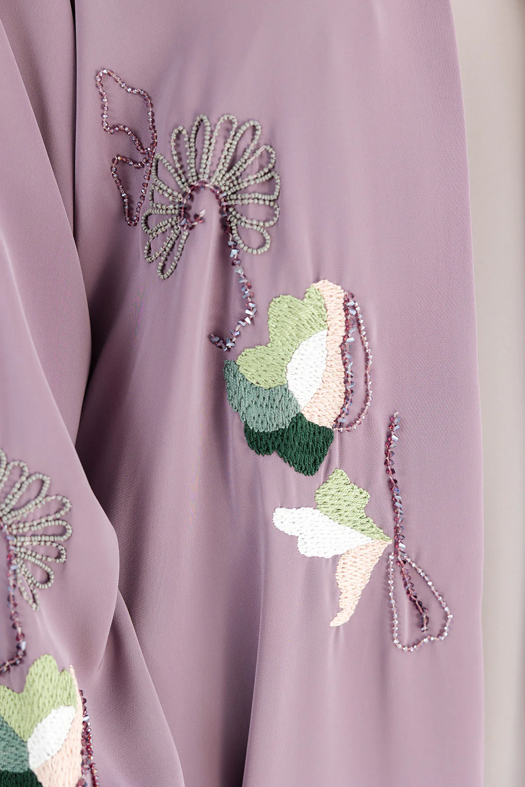 Mauve Open Abaya – Premium Blossom Embroidered Design - Image 4