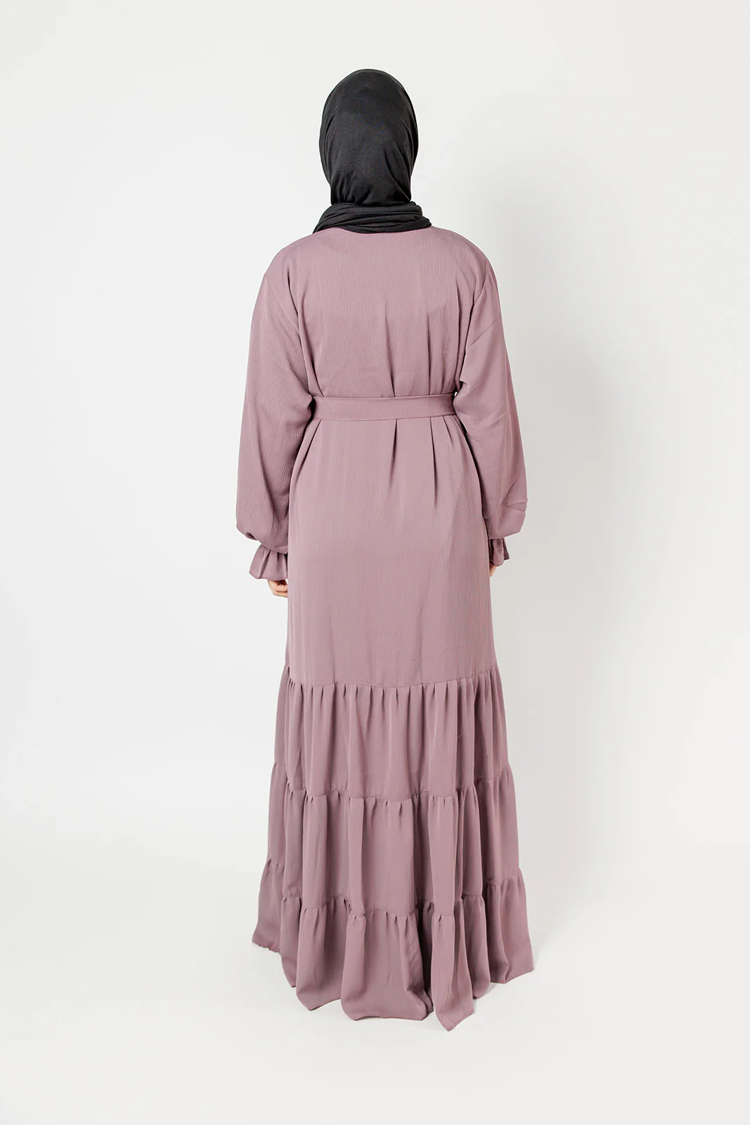 Mauve Tiered Closed Abaya – Textured Fabric, Belted with Cuffed Sleeves - Image 5