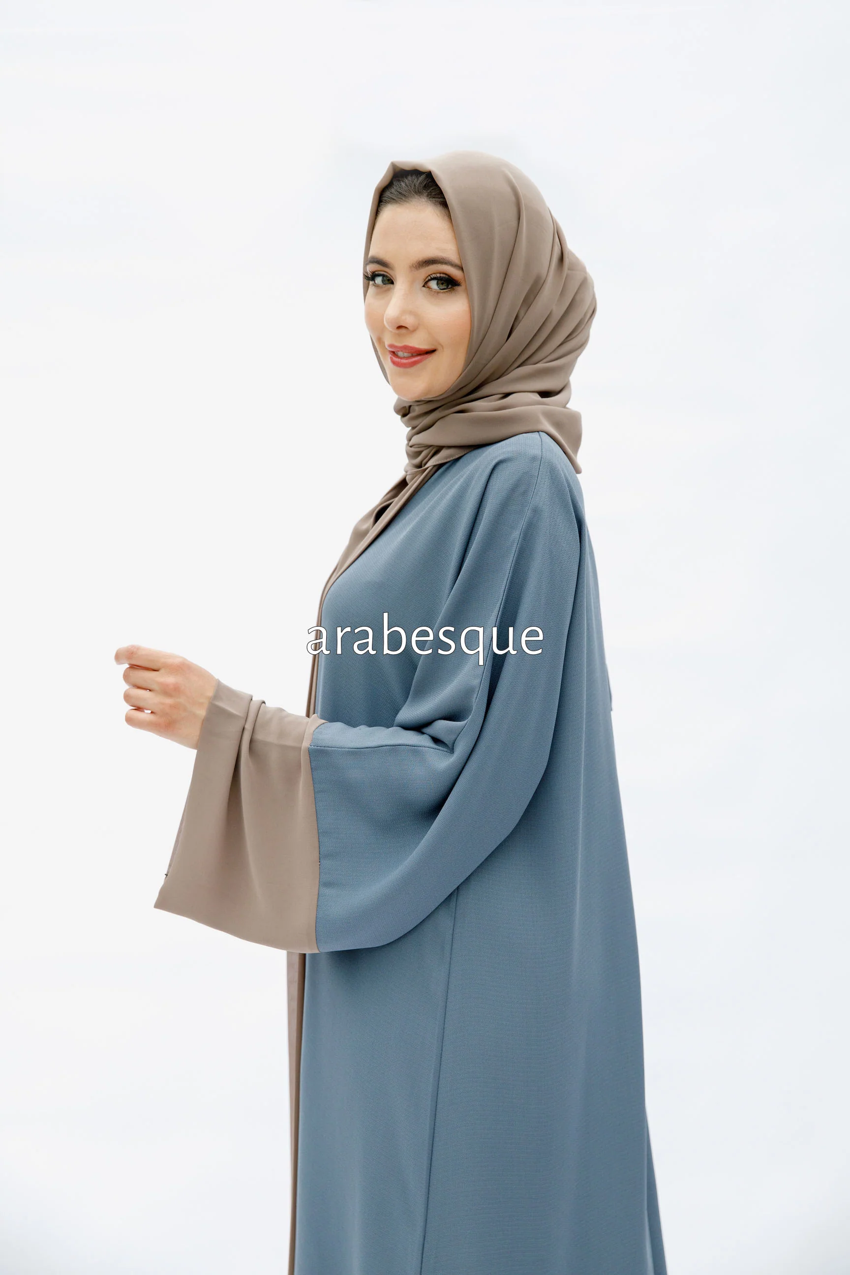 Powder Blue Open Abaya – Luxe Piping Plain Design with Chiffon Trim - Image 3