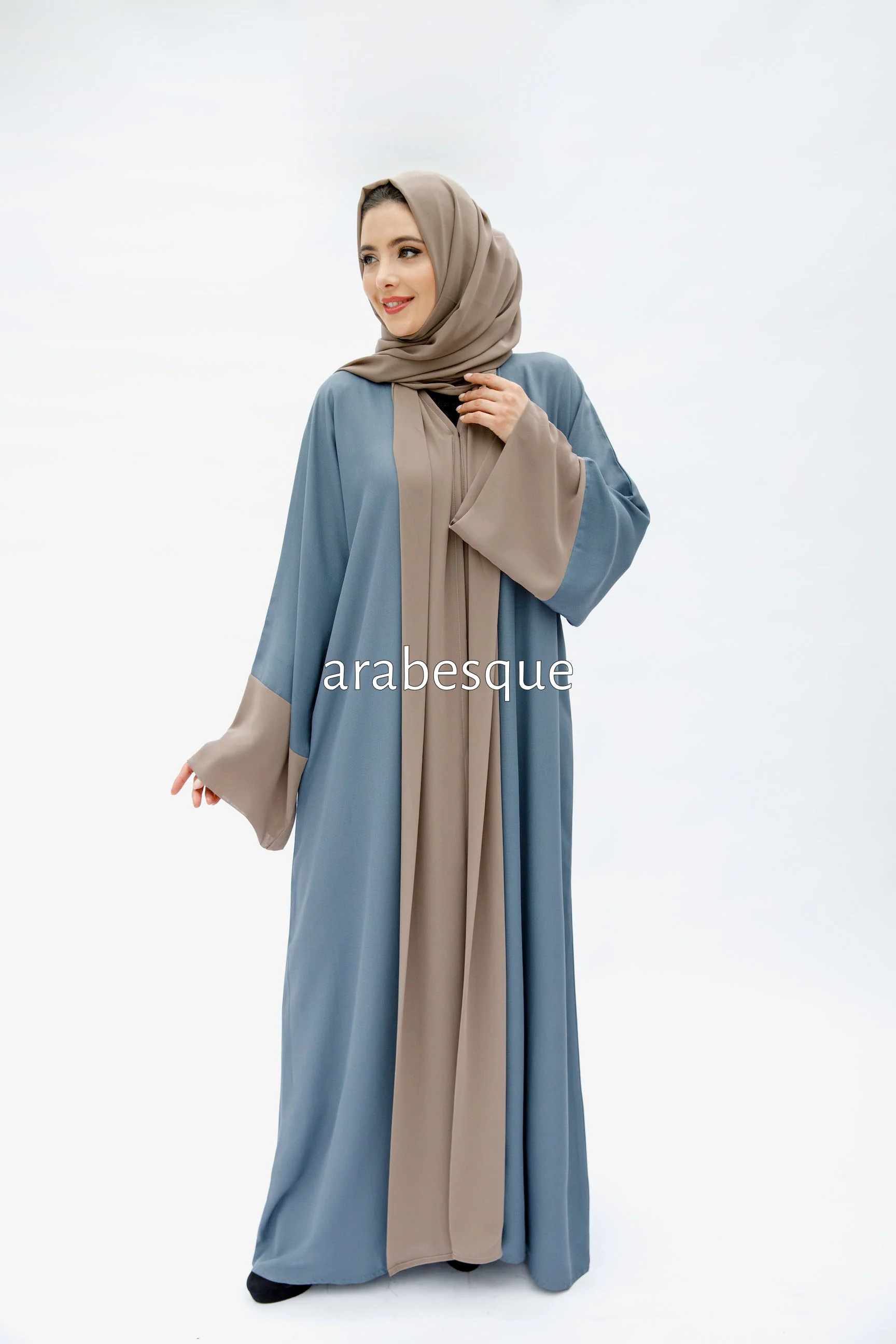 Powder Blue Open Abaya – Luxe Piping Plain Design with Chiffon Trim - Image 4