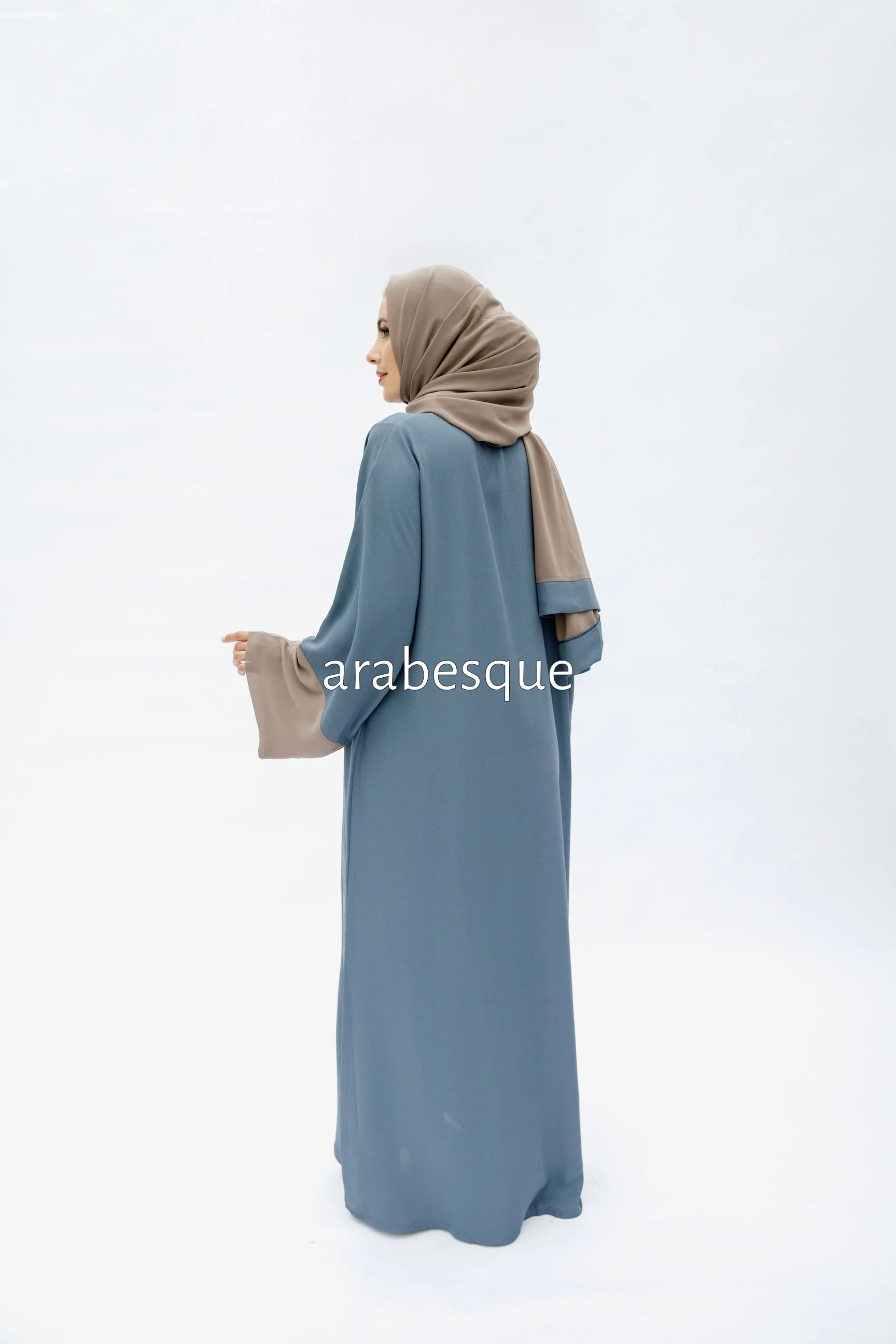 Powder Blue Open Abaya – Luxe Piping Plain Design with Chiffon Trim - Image 5