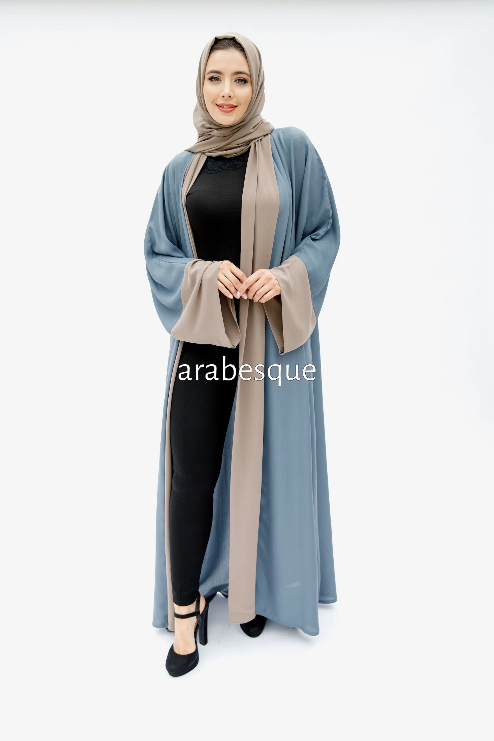 Powder Blue Open Abaya – Luxe Piping Plain Design with Chiffon Trim - Image 6
