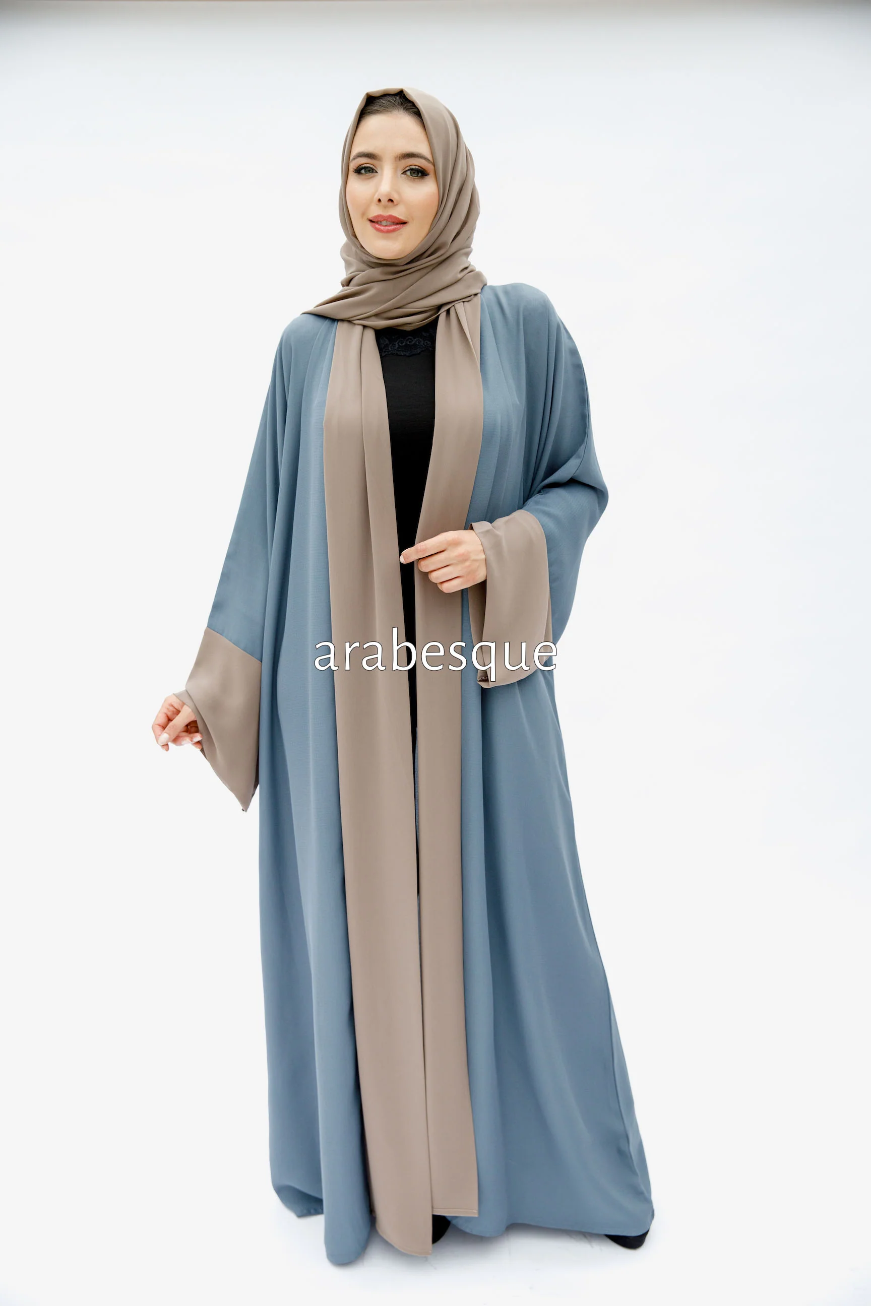 Powder Blue Open Abaya – Luxe Piping Plain Design with Chiffon Trim - Image 7