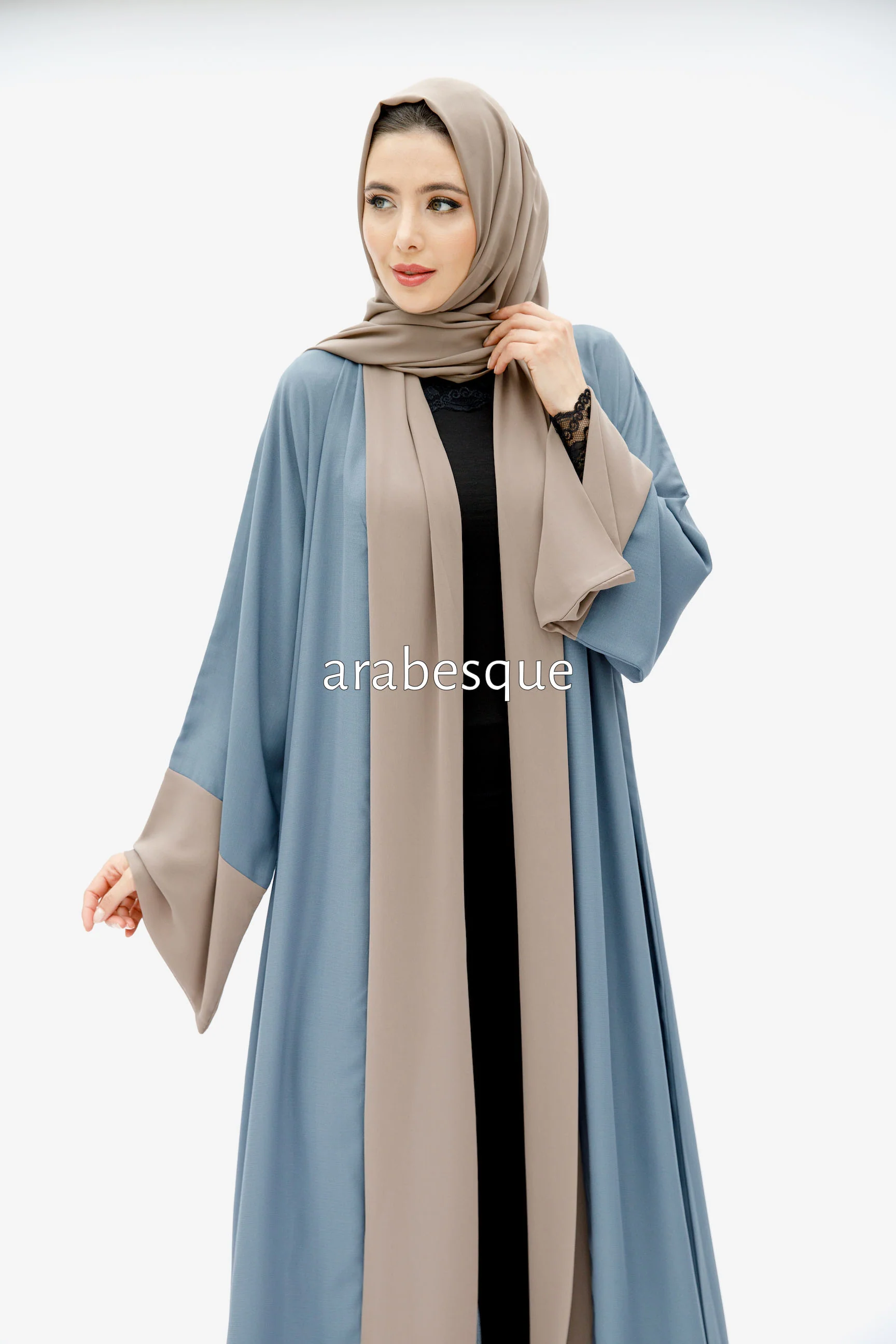 Powder Blue Open Abaya – Luxe Piping Plain Design with Chiffon Trim - Image 8