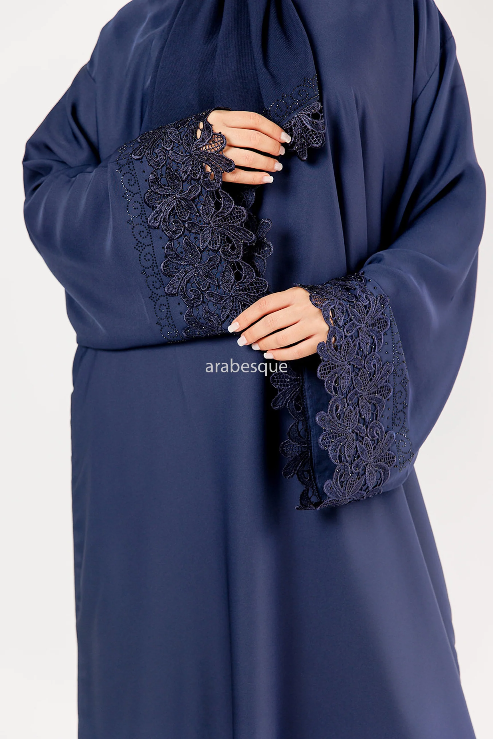 Navy Closed Abaya – Elegant Floral and Diamanté Needle Lace Sleeve Design - Image 3