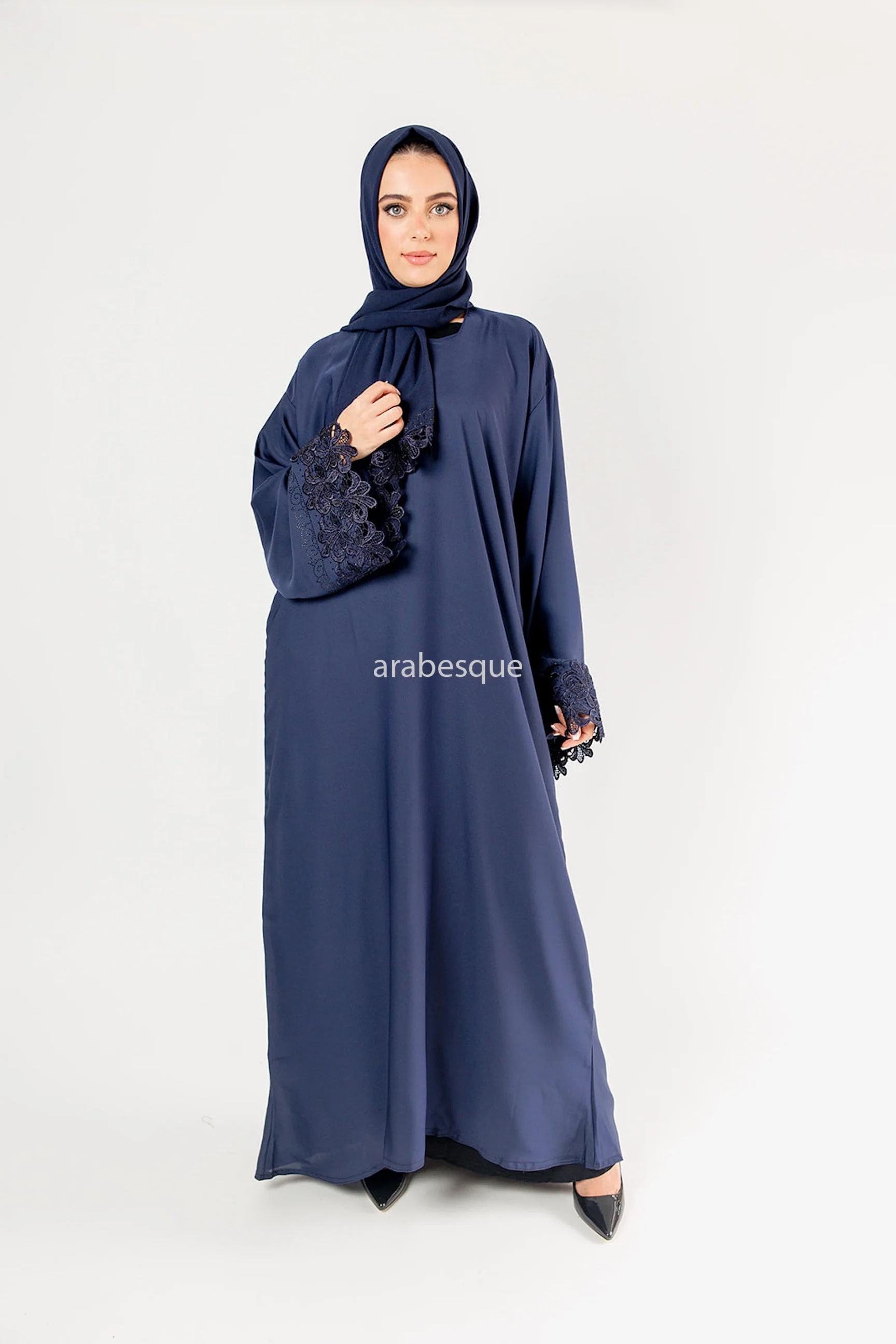 Navy Closed Abaya – Elegant Floral and Diamanté Needle Lace Sleeve Design - Image 4