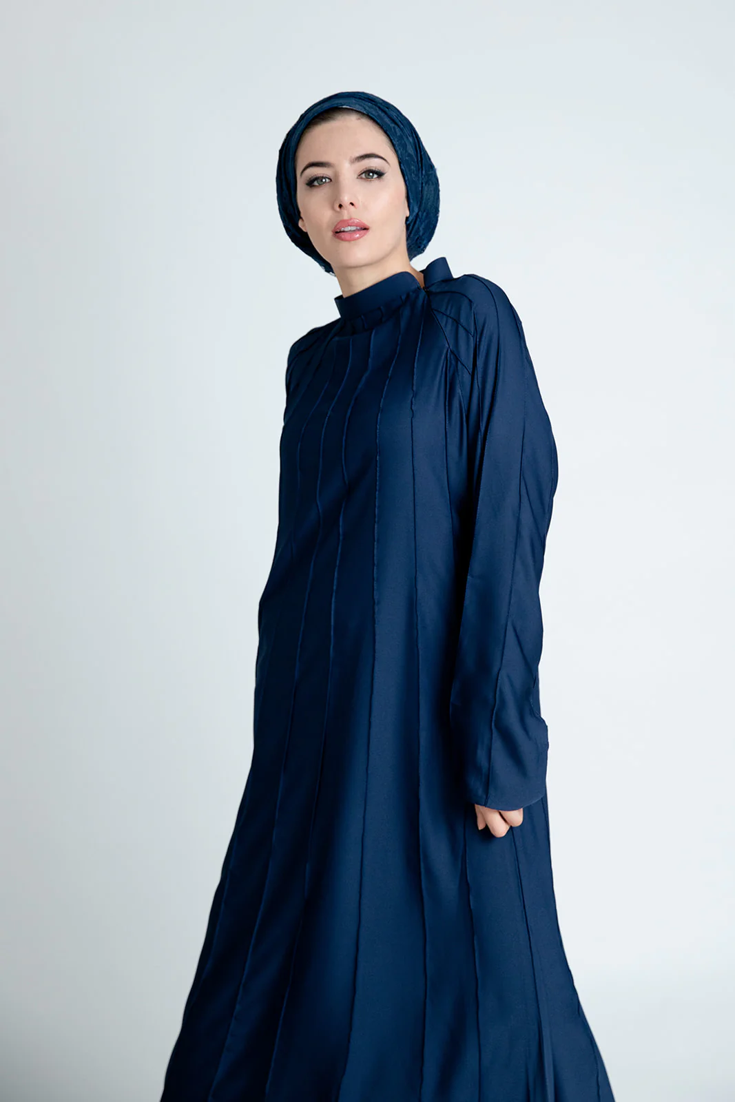 Navy Closed Abaya – Plain Umbrella Cut Design with Stitched Line Detailing - Image 3