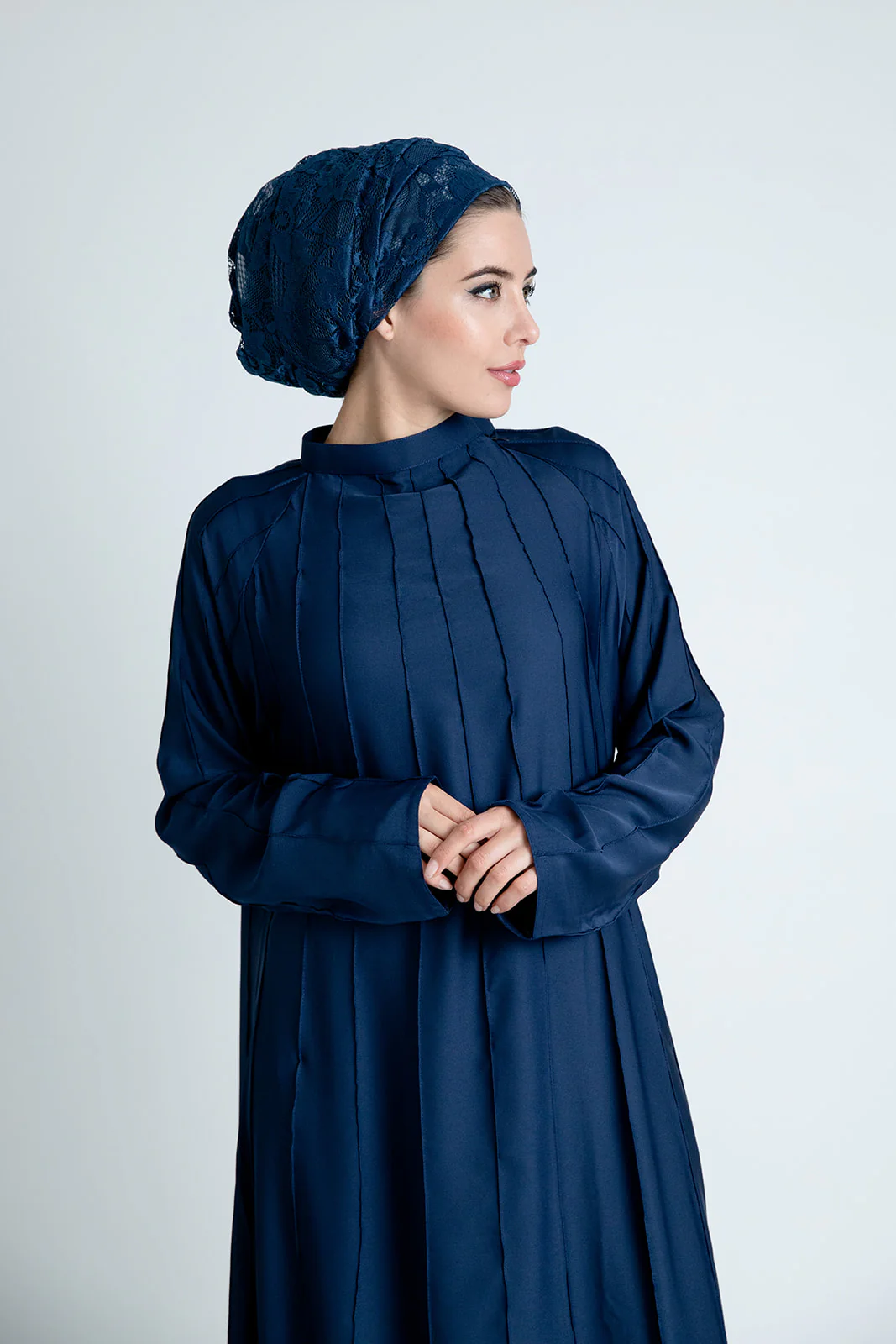 Navy Closed Abaya – Plain Umbrella Cut Design with Stitched Line Detailing - Image 5