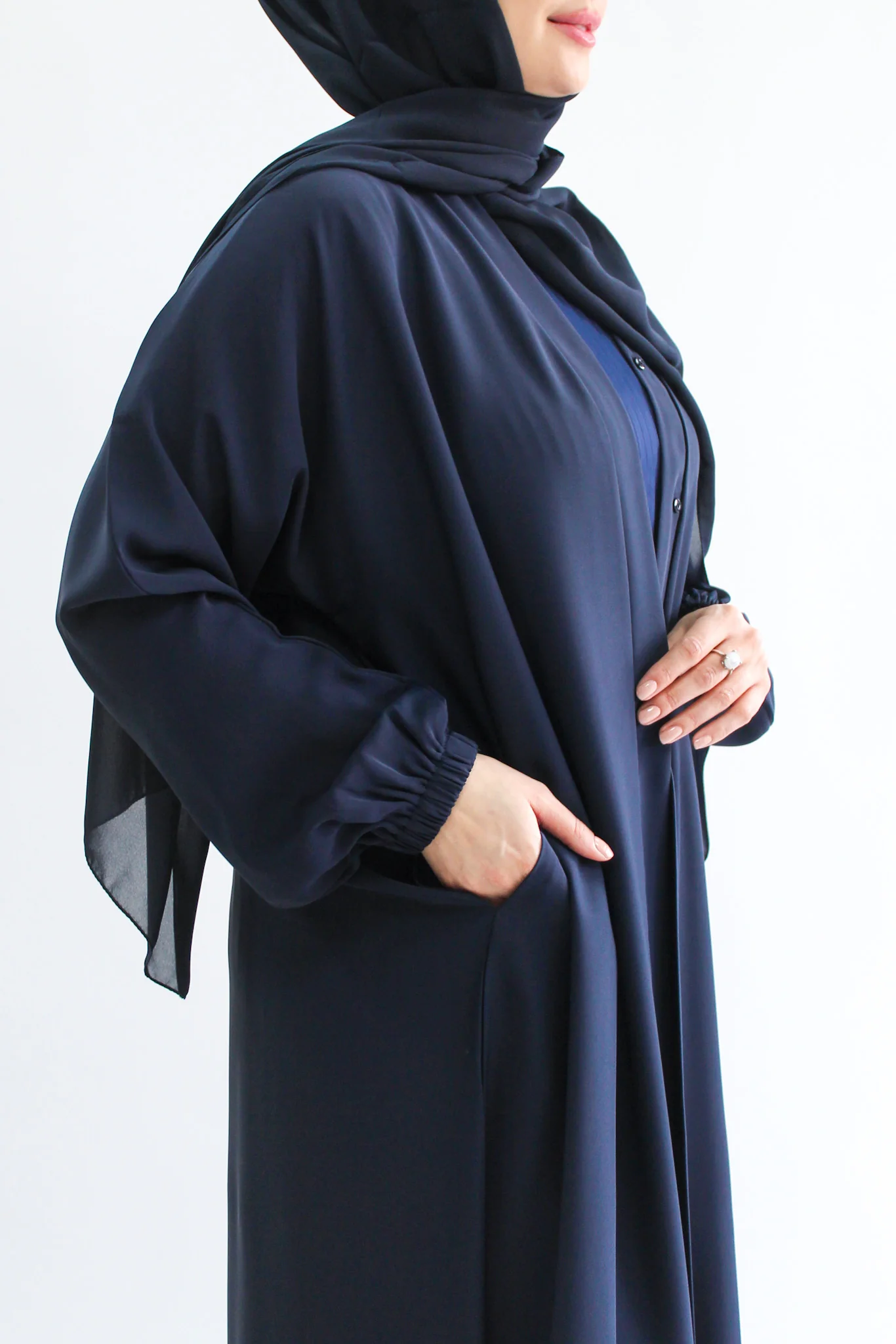 Navy Premium Plain Open Abaya With Pocket (Elastic Sleeves) - Image 3