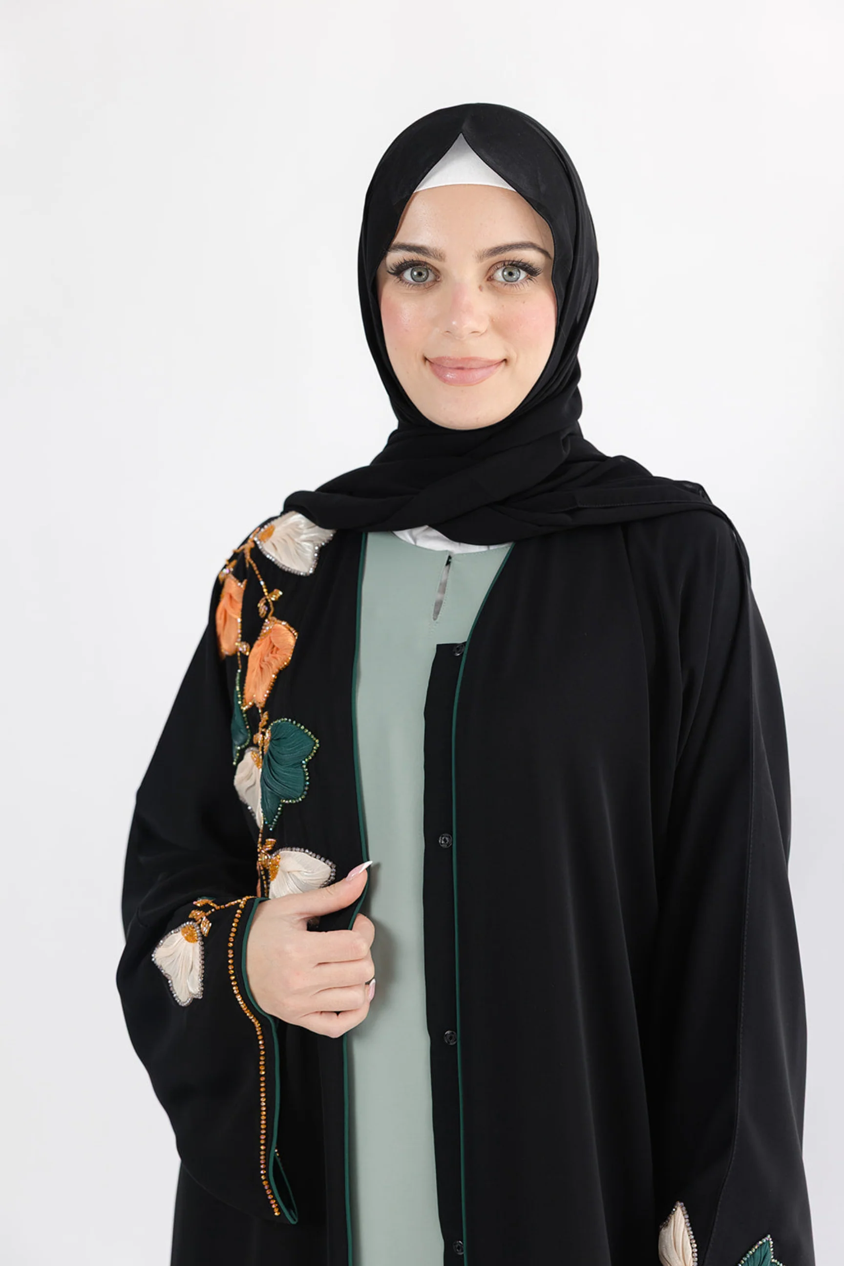 Black Open Abaya – Premium 3D Leaf Embroidered Design - Image 3