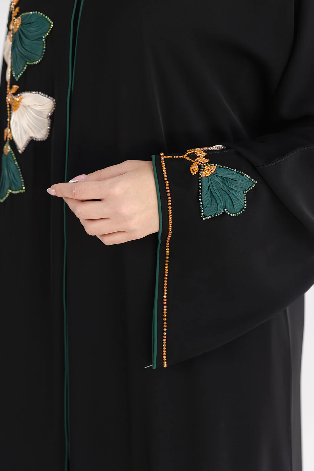 Black Open Abaya – Premium 3D Leaf Embroidered Design - Image 4