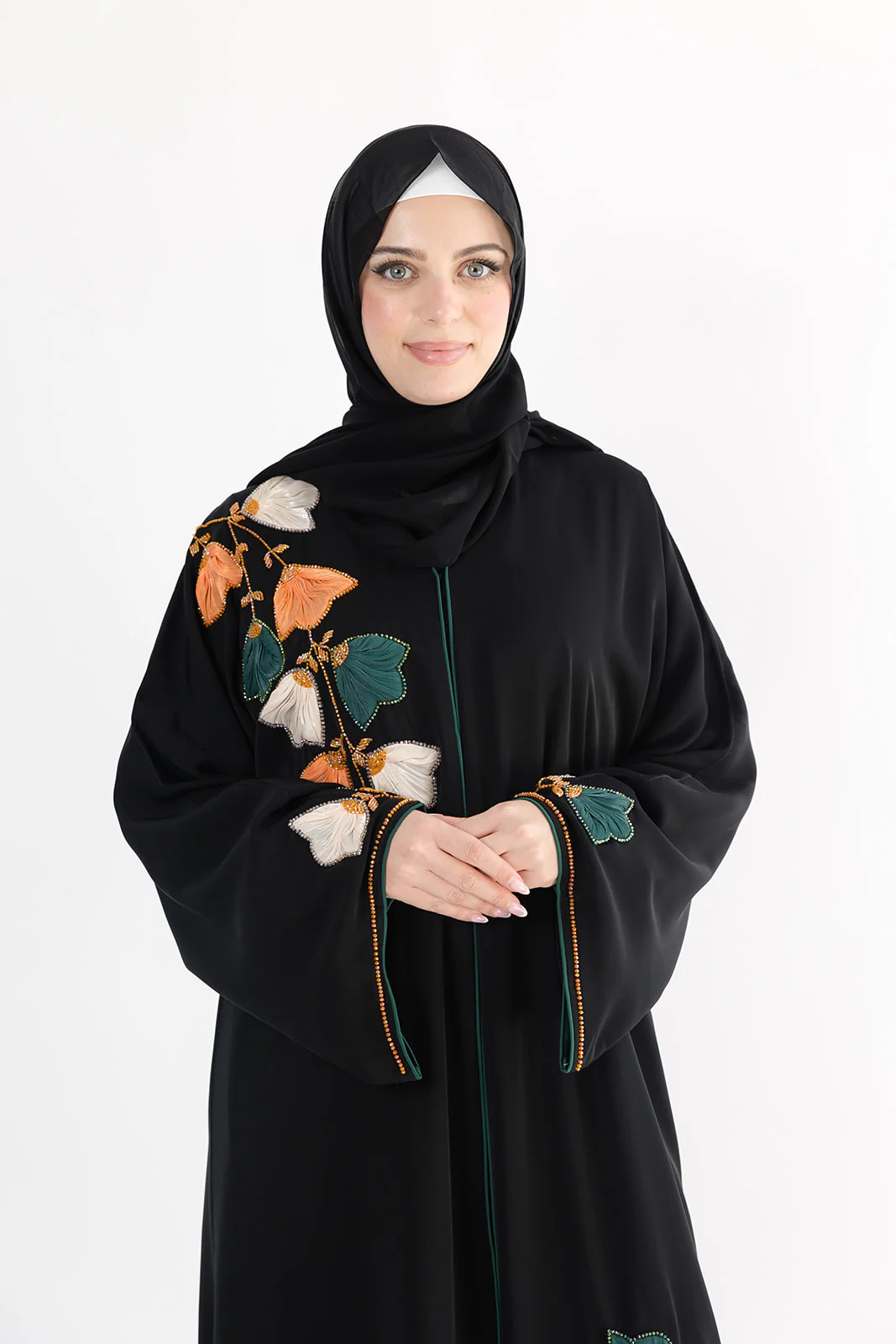 Black Open Abaya – Premium 3D Leaf Embroidered Design - Image 5
