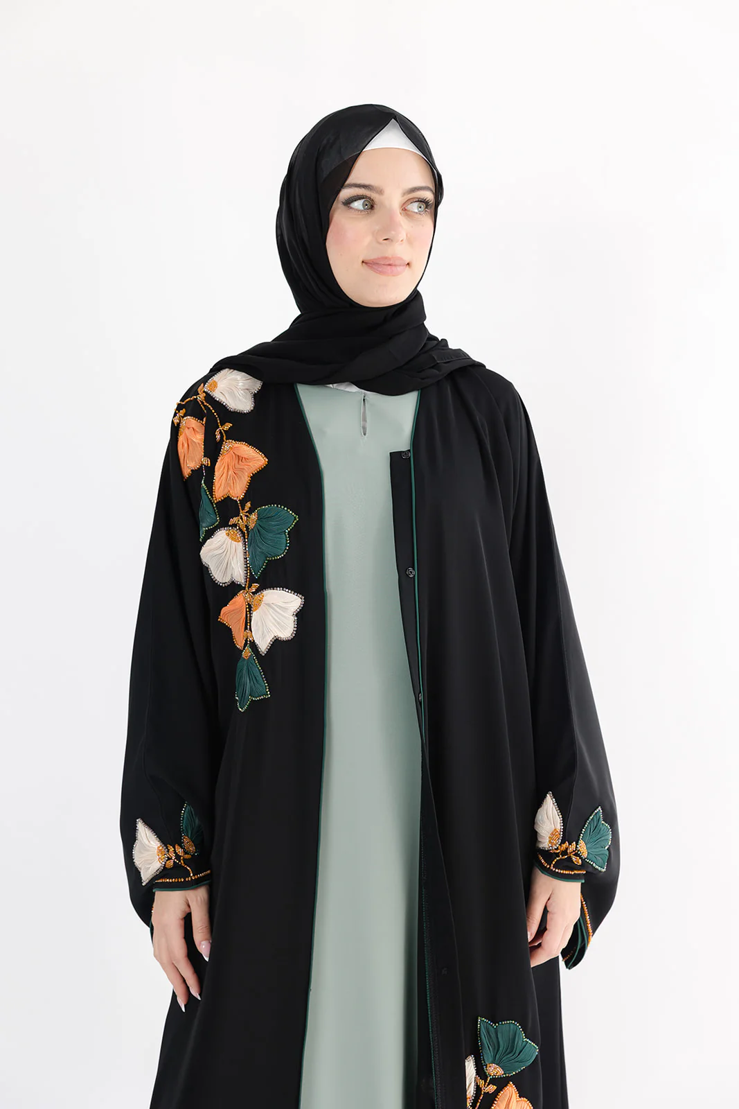 Black Open Abaya – Premium 3D Leaf Embroidered Design - Image 7