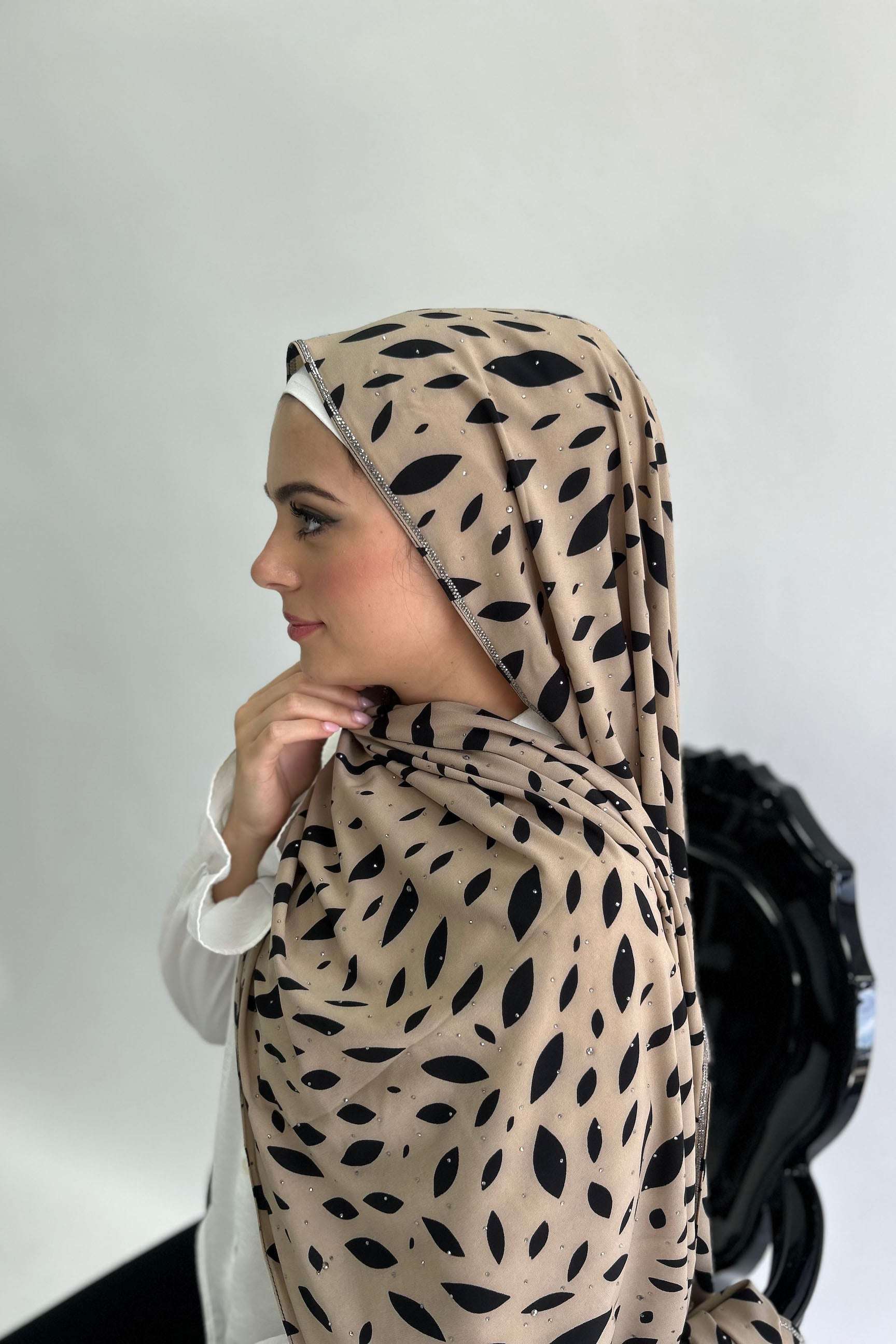 Sharif Black & Beige Leaf Luxury Print Diamante Chiffon Long Hijab - Image 3