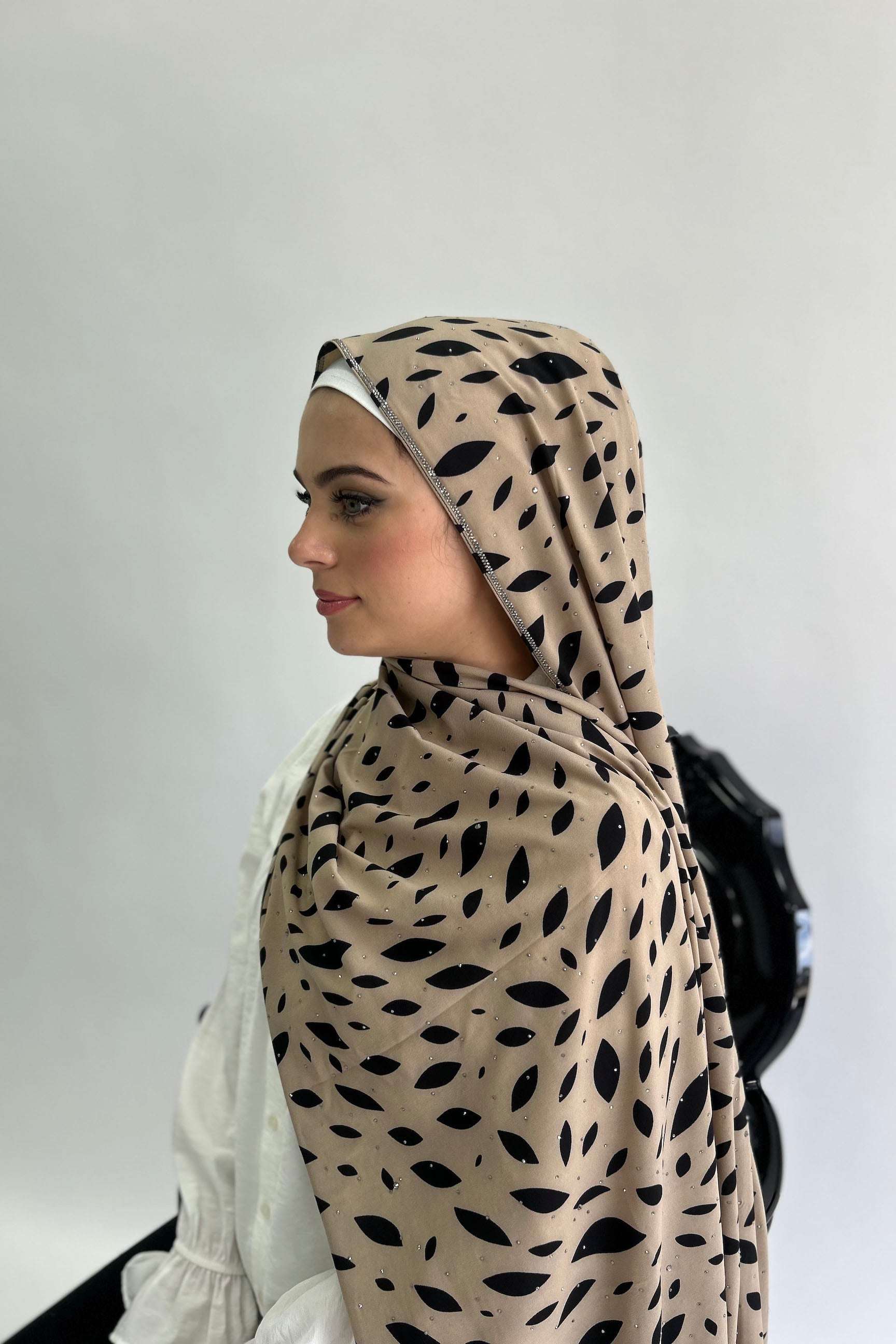 Sharif Black & Beige Leaf Luxury Print Diamante Chiffon Long Hijab - Image 4