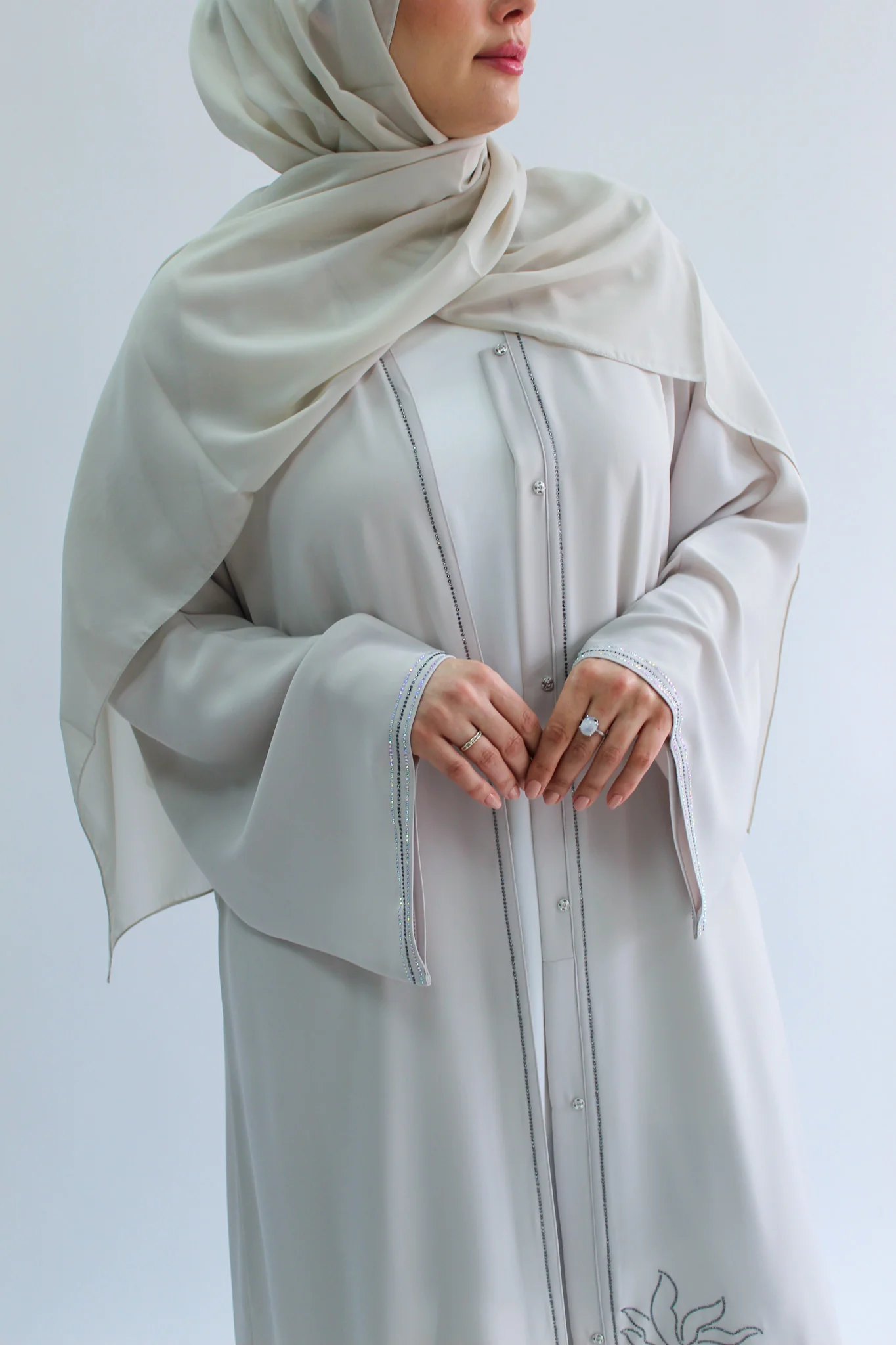 Stone Open Abaya - Luxury Crystal Beaded Petal Abaya - Image 3
