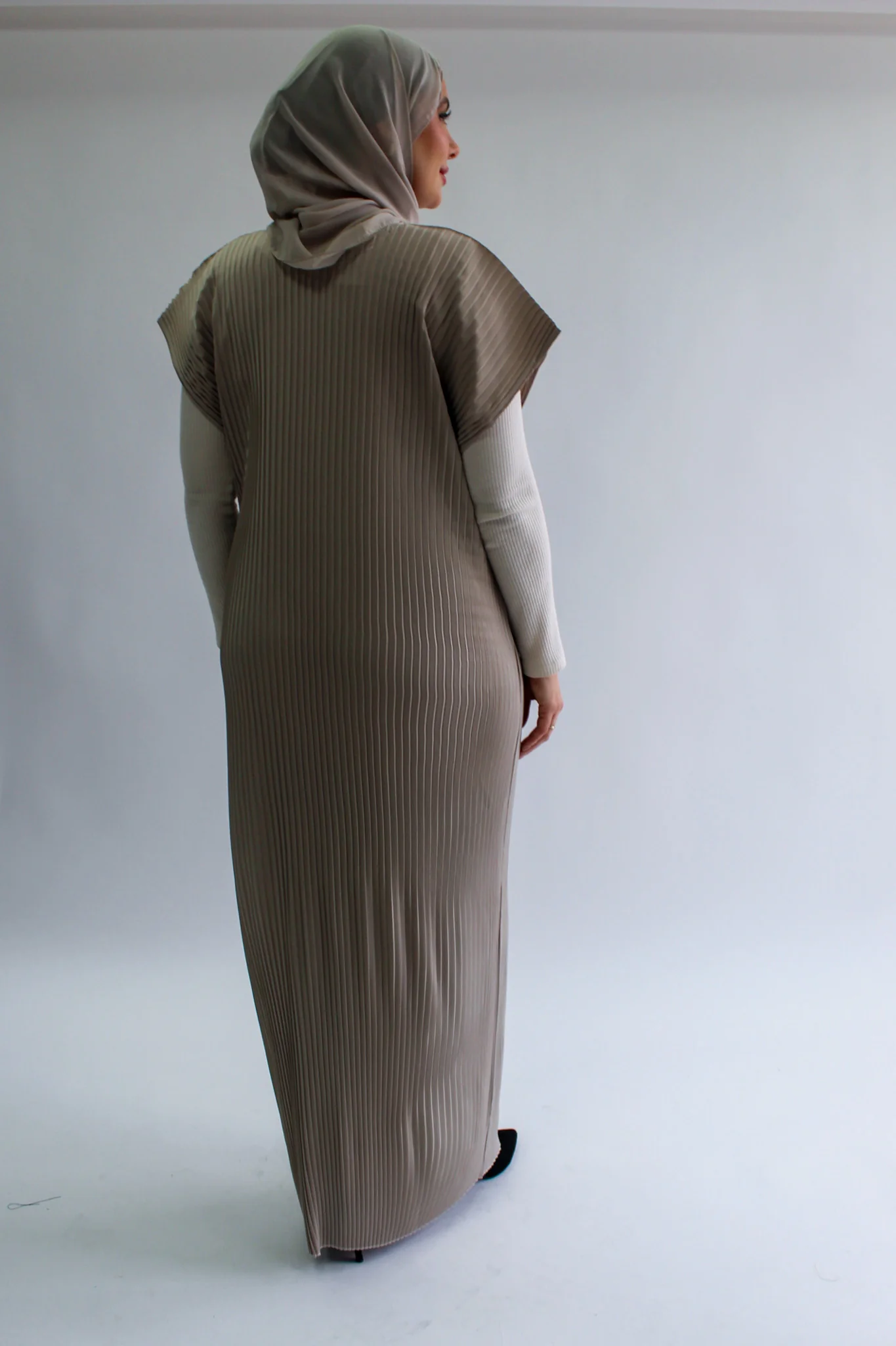 Stone Pleated Slip Dress  - Silky Ripple Satin Polyester Sleeveless - Image 3