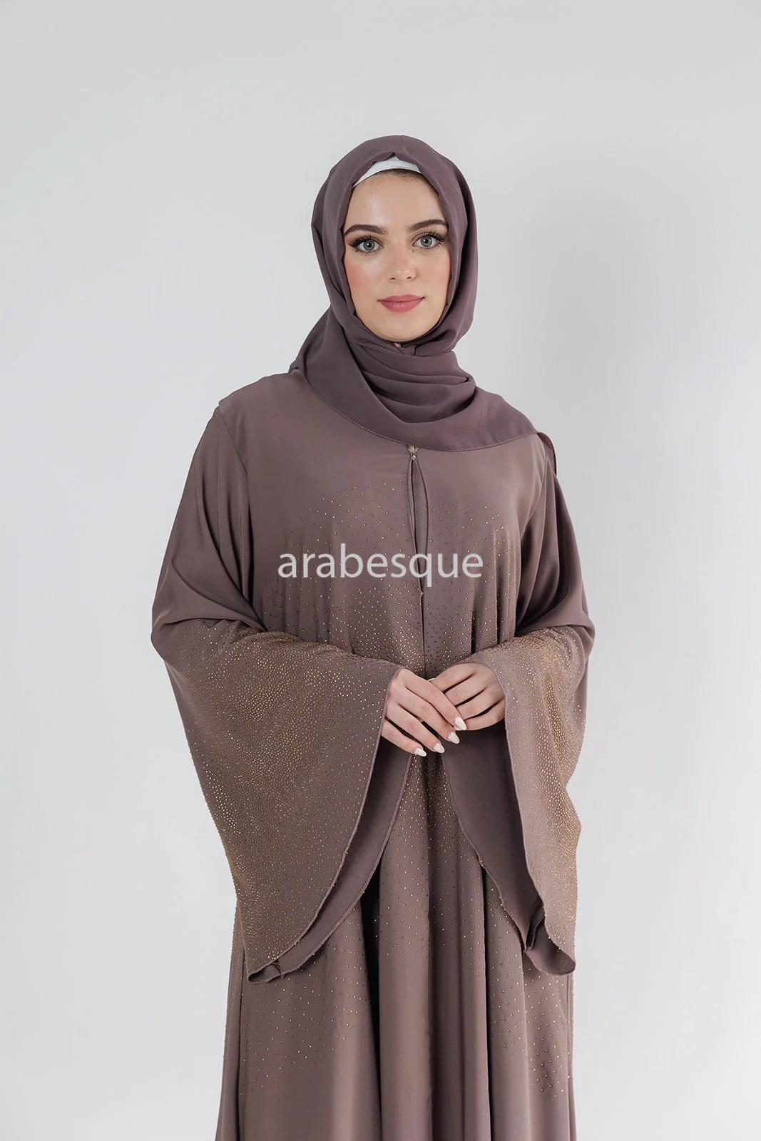 Taupe Brown Open Abaya – Luxury Nidha Fabric with Embellished Bell Sleeves - Image 3
