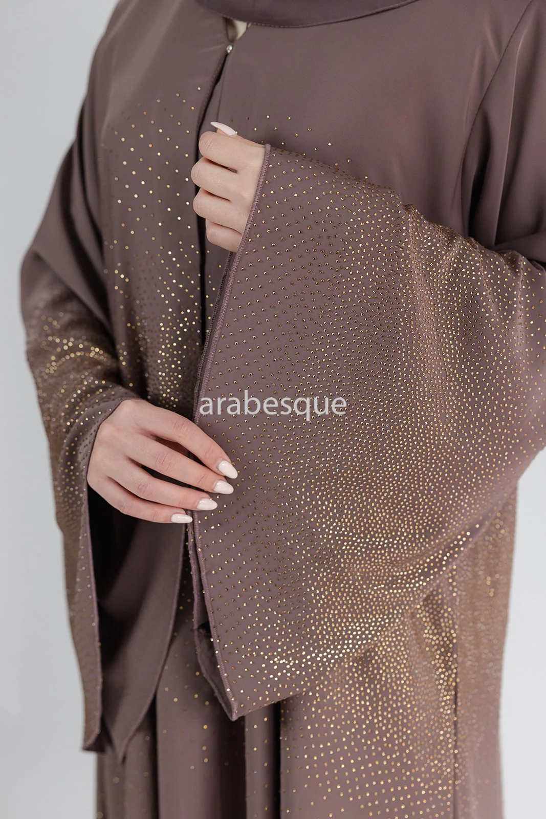 Taupe Brown Open Abaya – Luxury Nidha Fabric with Embellished Bell Sleeves - Image 4