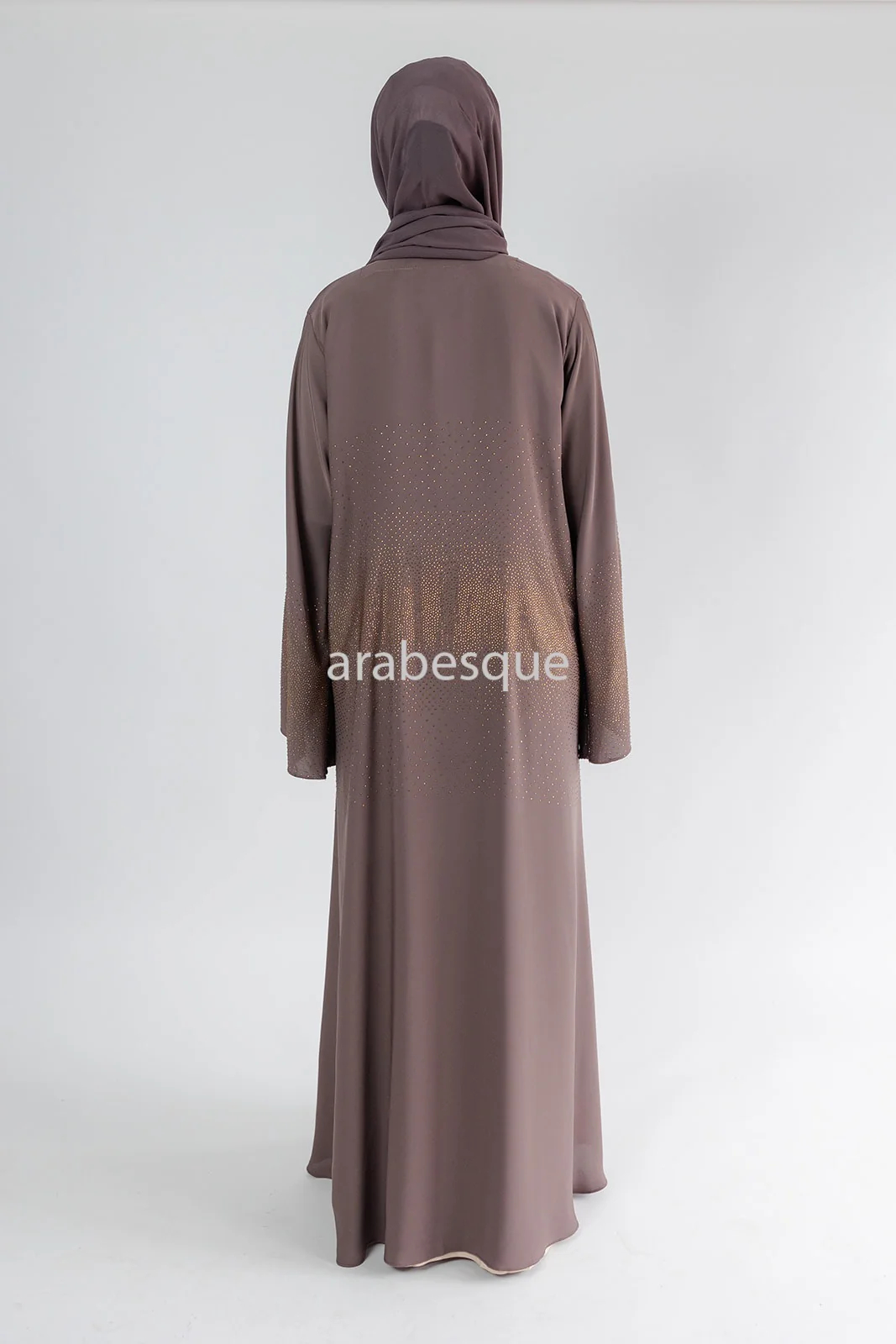 Taupe Brown Open Abaya – Luxury Nidha Fabric with Embellished Bell Sleeves - Image 5